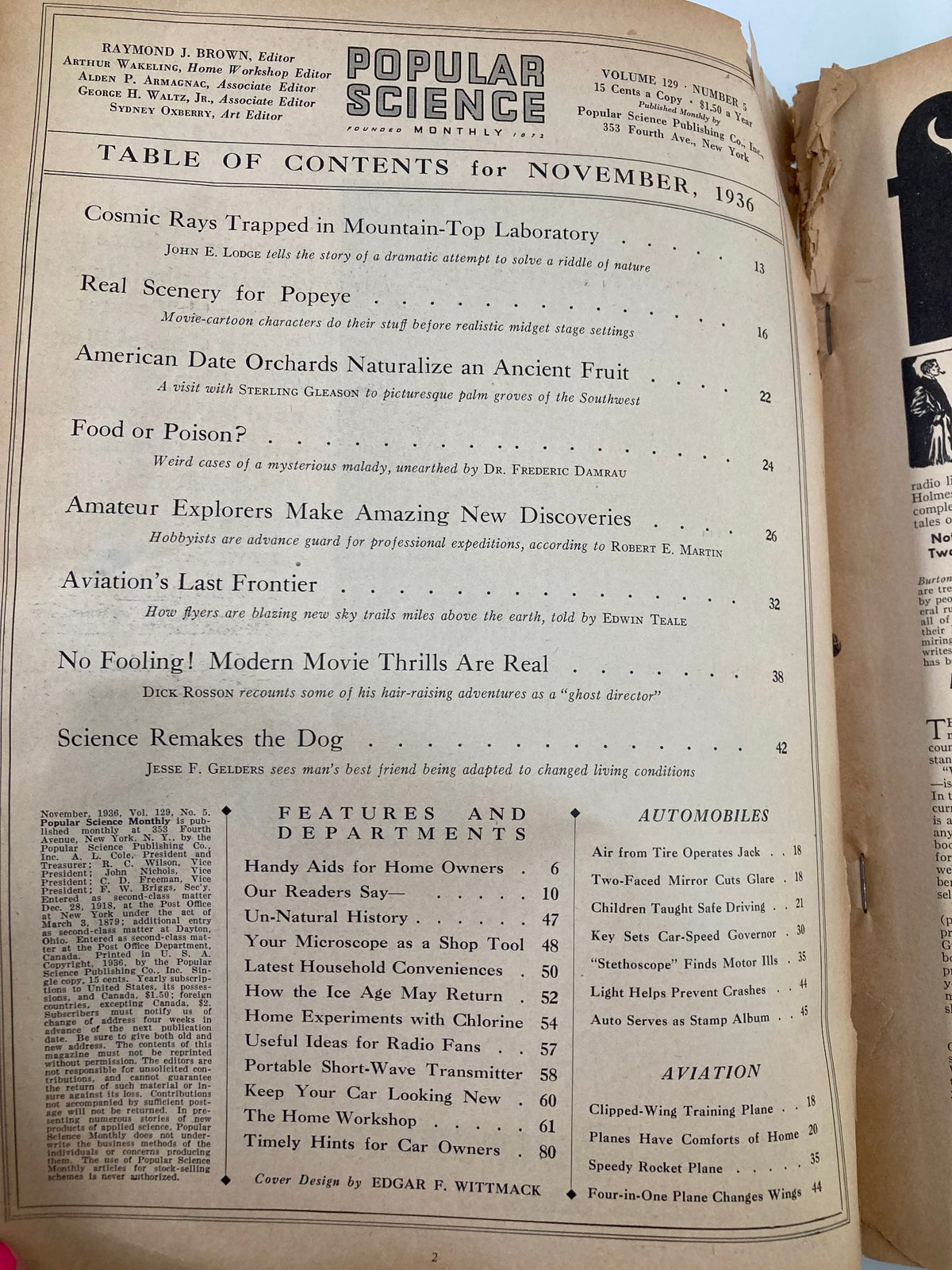 Interior page of VTG Popular Science Magazine November 1936 featuring the table of contents, showcasing articles like 'Cosmic Rays Trapped' and highlights of the era's scientific discussions.