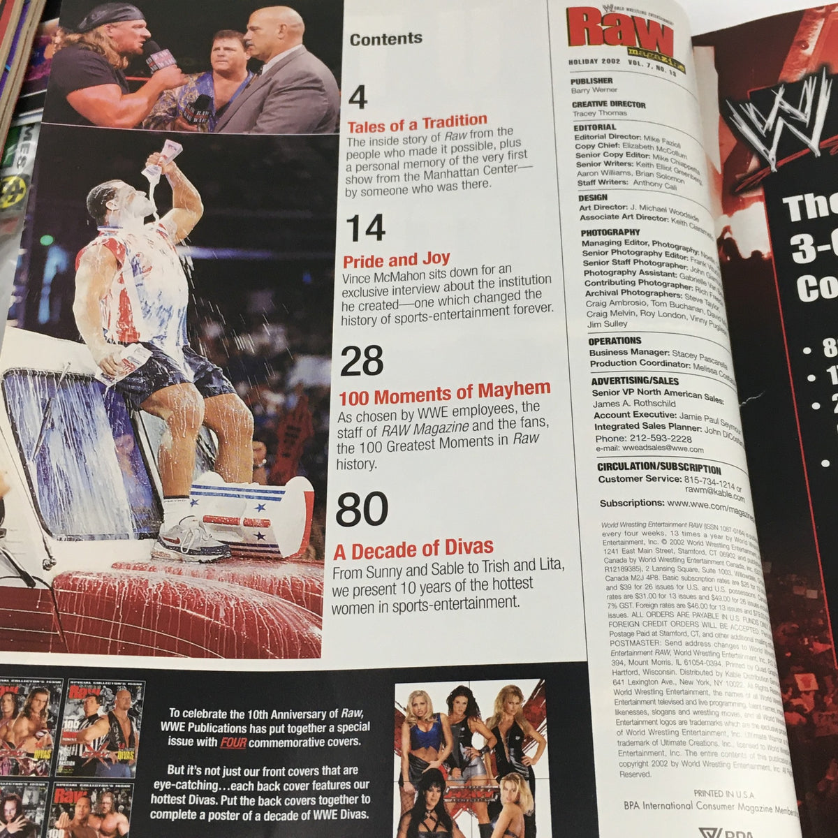 Contents page of WWE Raw Magazine Holiday 2002 featuring notable topics like Tales of a Tradition and 100 Moments of Mayhem, showcasing the magazine's focus on wrestling history.
