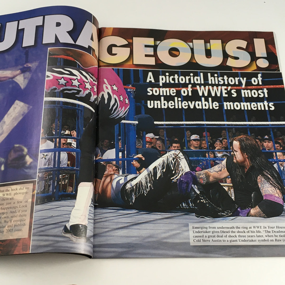 WWE Raw Magazine October 2005 interior page titled 'Outrageous!' presenting a pictorial history of shocking WWE moments, including The Undertaker.