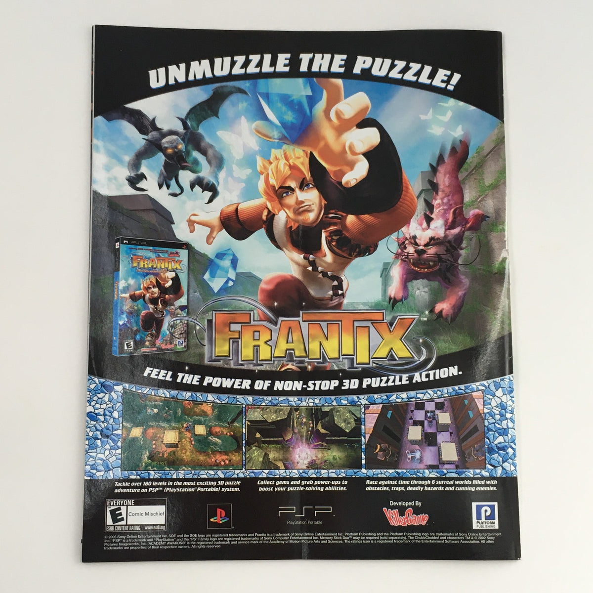 Back cover of WWE Raw Magazine October 2005 highlighting a video game advertisement for 'Frantix' showcasing vibrant graphics and gaming action.