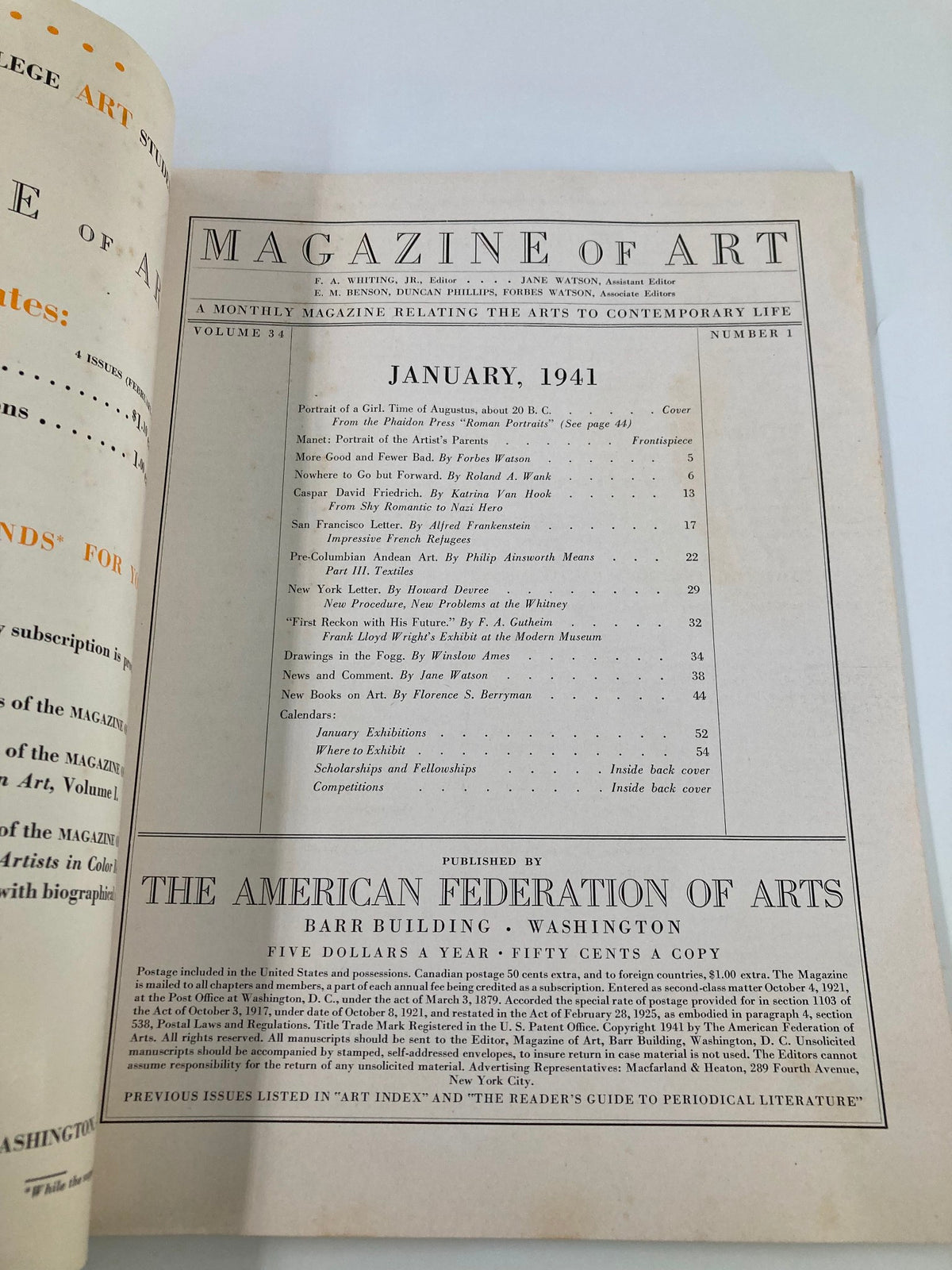 Interior page of VTG Magazine of Art, January 1941, displaying the table of contents and featuring articles related to art from the early 20th century. This page illustrates the magazine's content and structure.