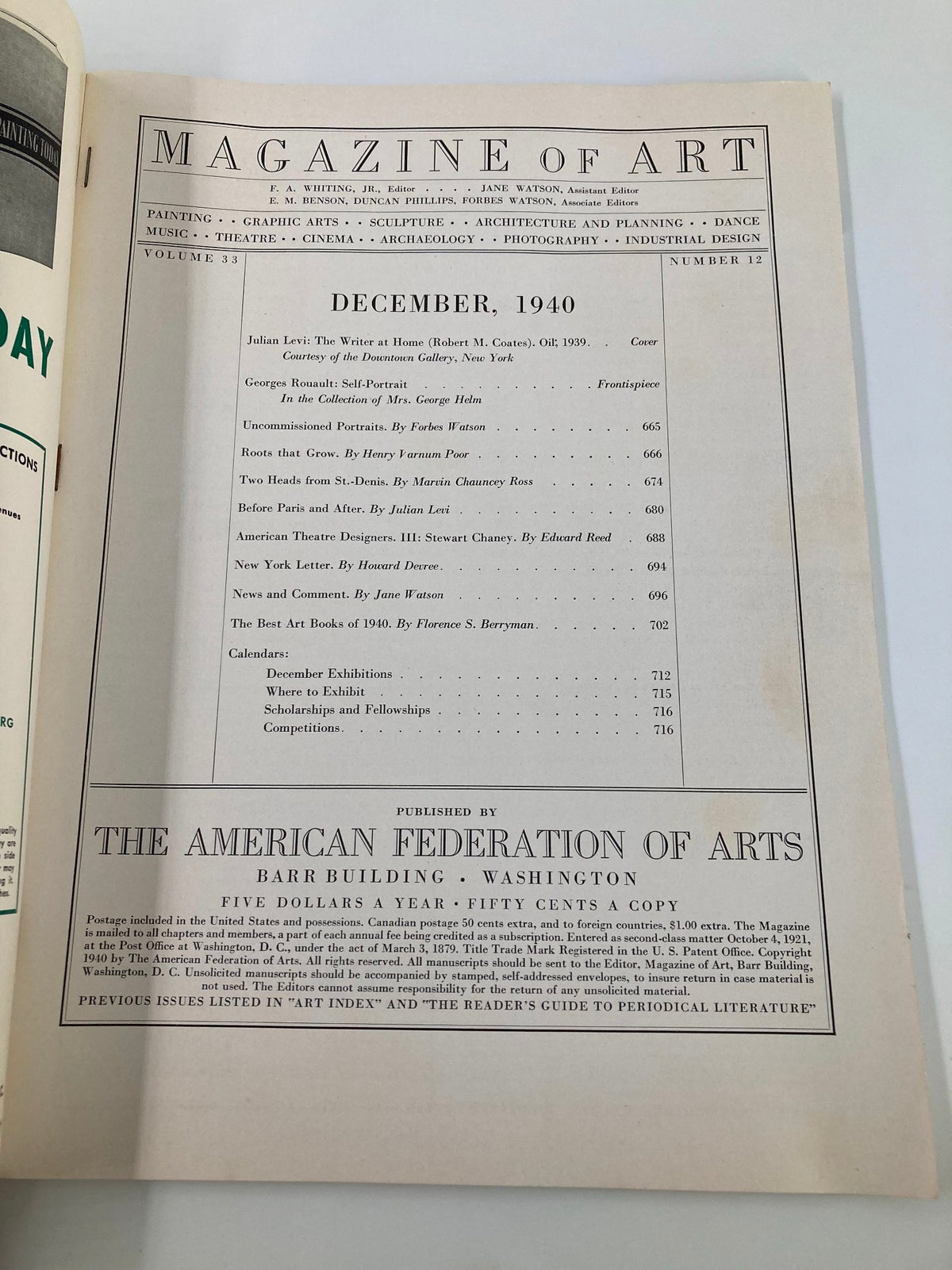 Interior page of VTG Magazine of Art December 1940 showcasing the table of contents, highlighting various articles and features related to art and literature.