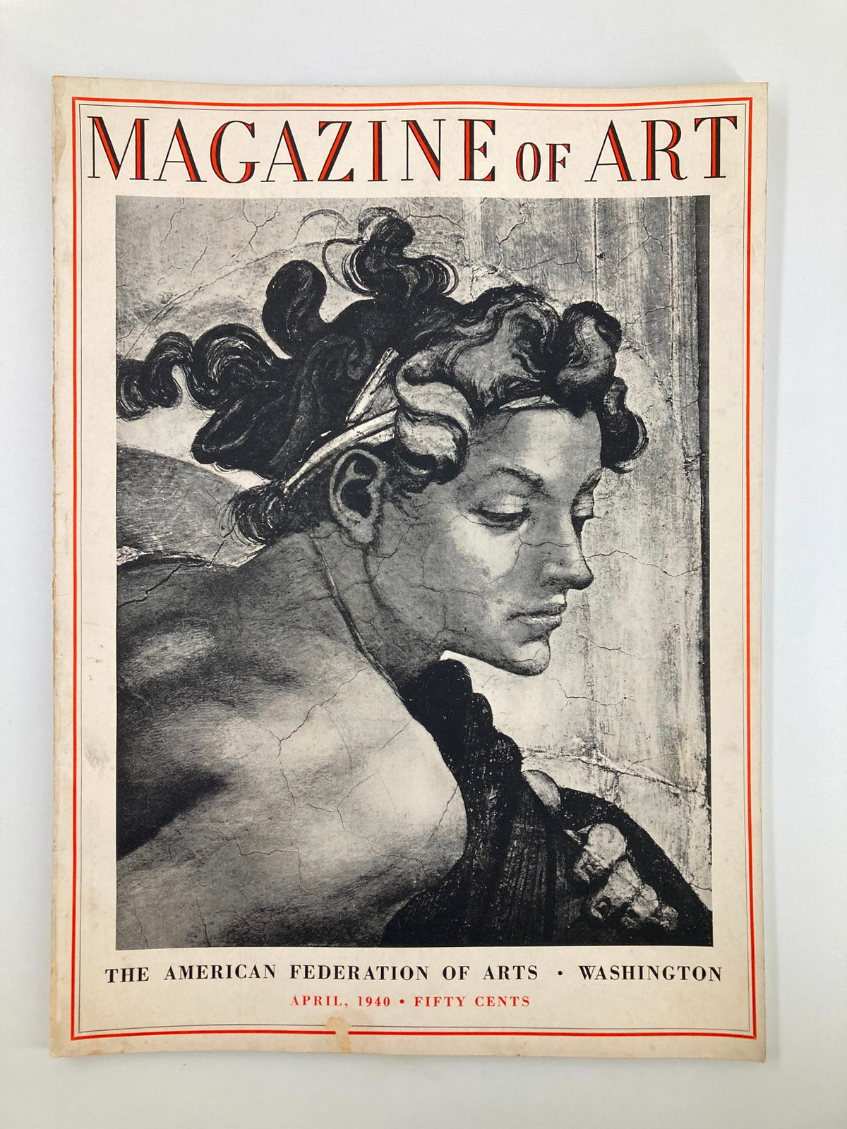 VTG Magazine of Art April 1940 featuring Michelangelo's Head of a Youth on the cover showcasing vintage artwork and design.