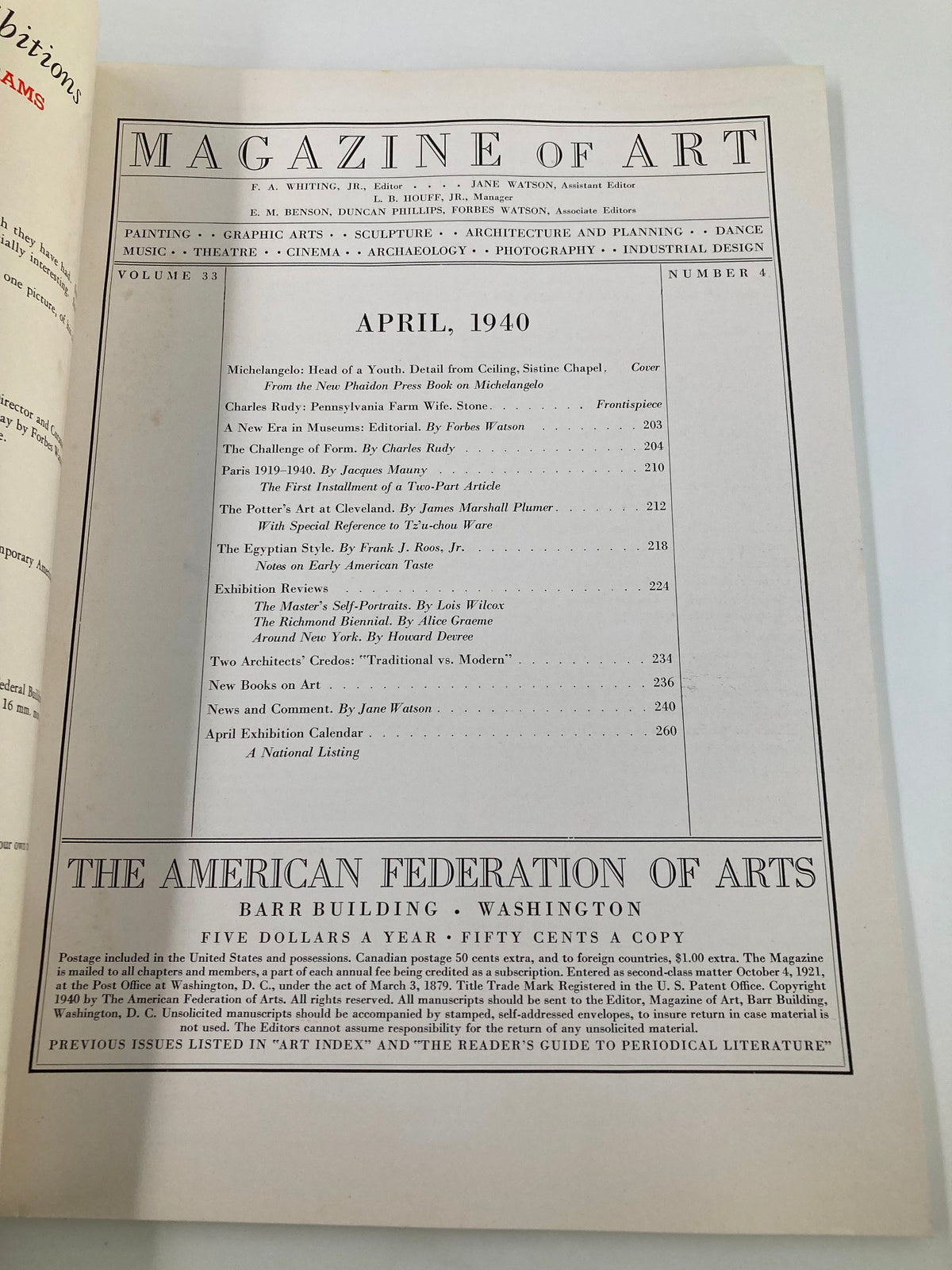 Interior page of VTG Magazine of Art April 1940 displaying editorial content and articles related to art history.