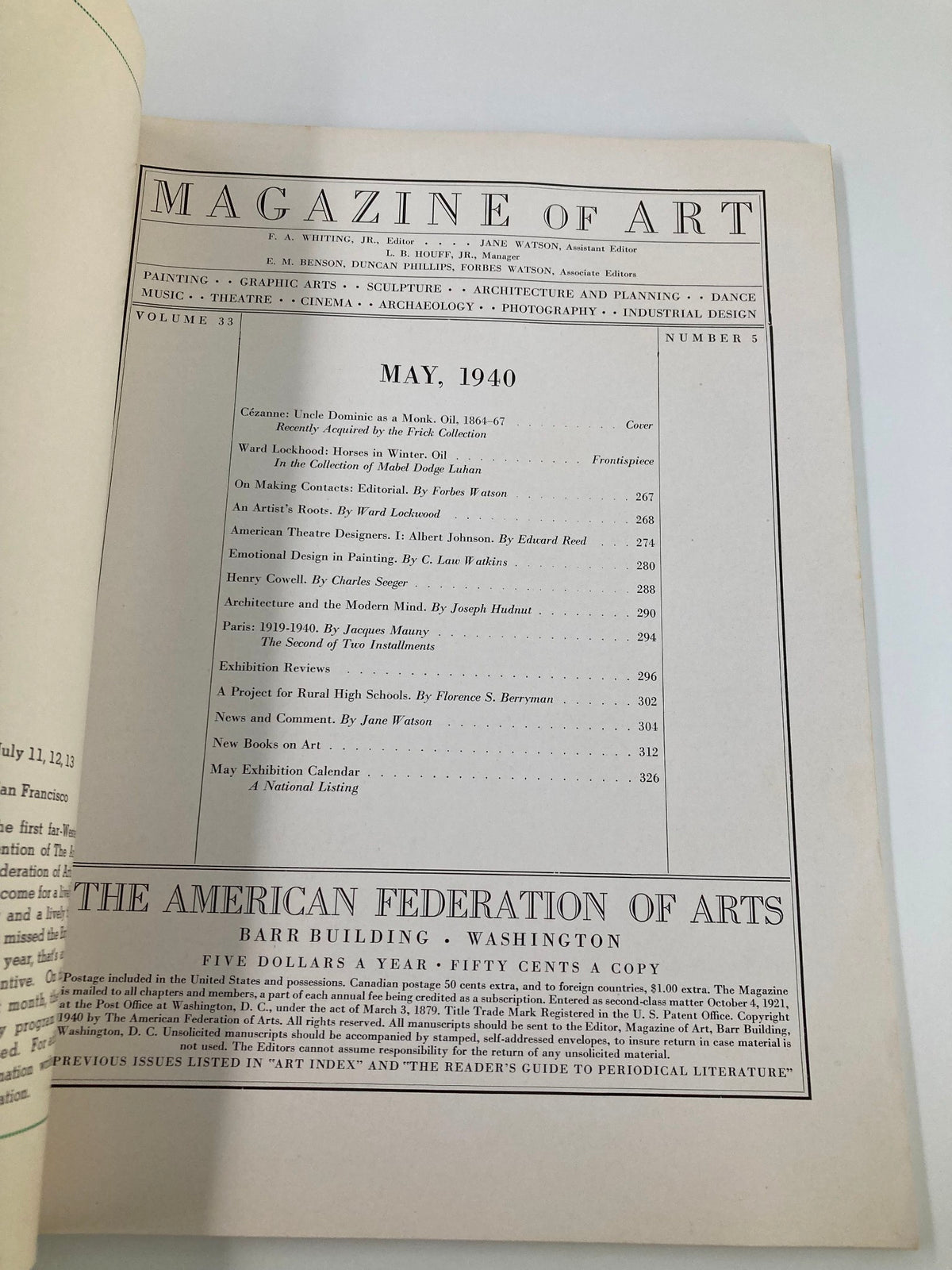 Interior page of VTG Magazine of Art May 1940, listing contents including 'Uncle Dominic as a Monk' and other articles related to painting, graphic arts, and exhibitions.