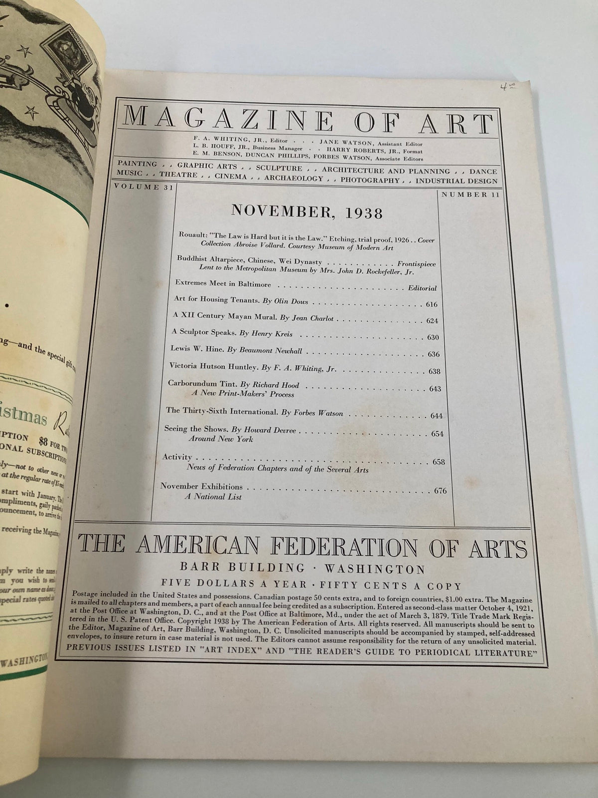 Table of contents page from VTG Magazine of Art November 1938 showcasing articles and features of the issue.