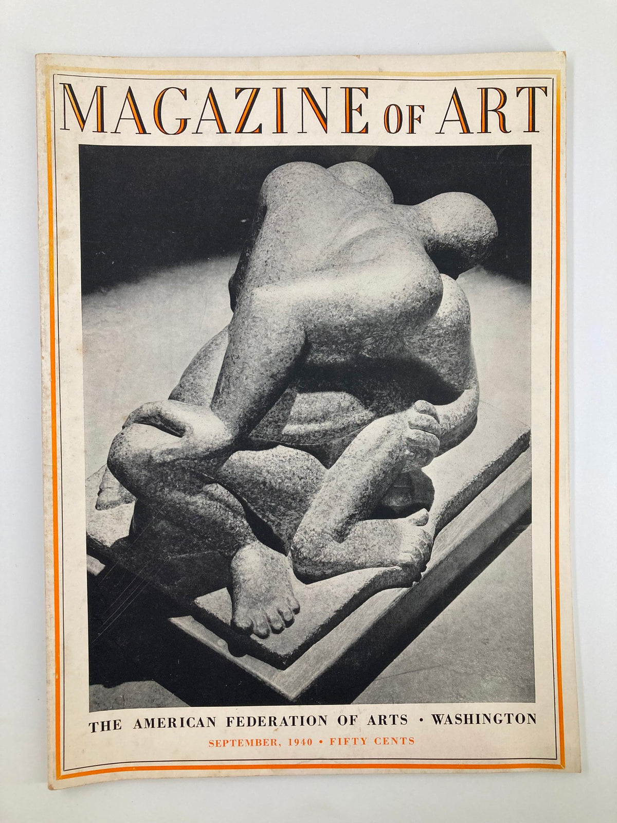 Vintage Magazine of Art September 1940 featuring Ahron Ben-Shmuel's Wrestlers on the cover, showcasing striking sculpture art in black and white.