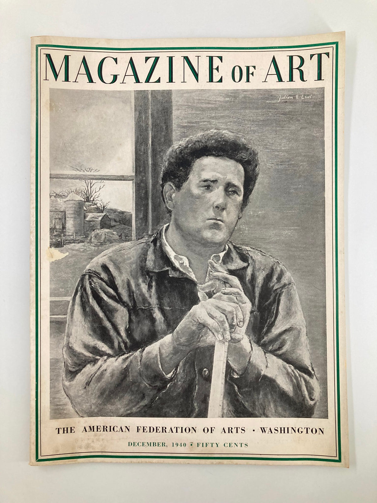 Cover of the vintage Magazine of Art, December 1940, featuring artwork by Julian Levi, depicting a man with a cane. This collectible piece highlights art trends of the era.