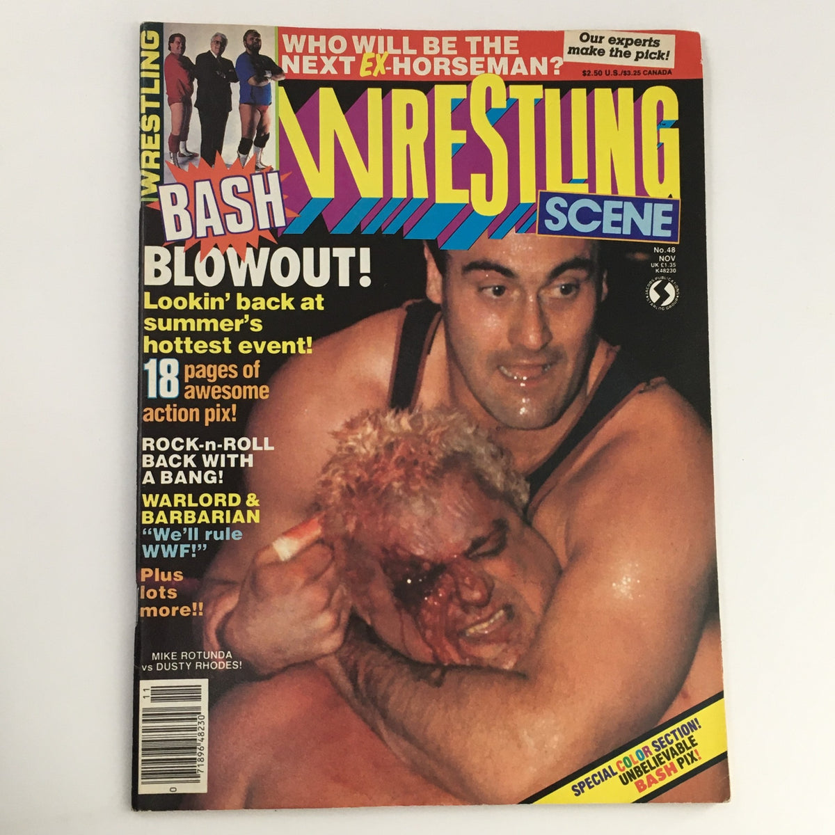 Cover of Wrestling Scene Magazine November 1988 featuring Mike Rotunda vs Dusty Rhodes. Highlights include wrestling action and upcoming events, with a vibrant design and bold headlines.