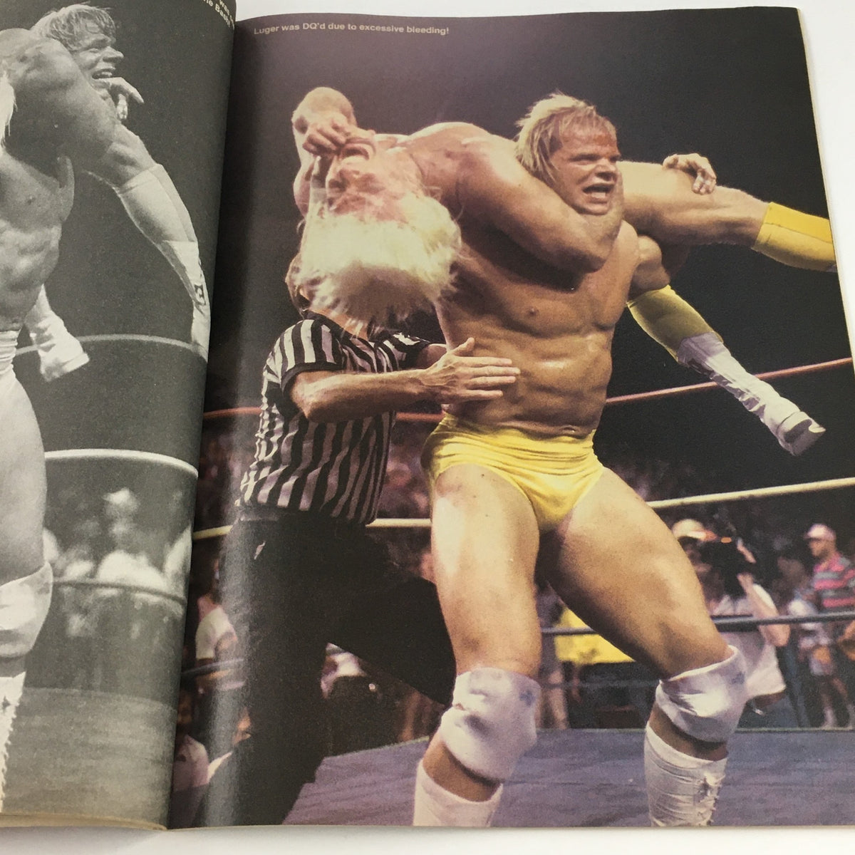 Action shot from Wrestling Scene Magazine November 1988 of Lex Luger in a wrestling match demonstrating intense competition and sportsmanship, with context from an iconic wrestling moment.