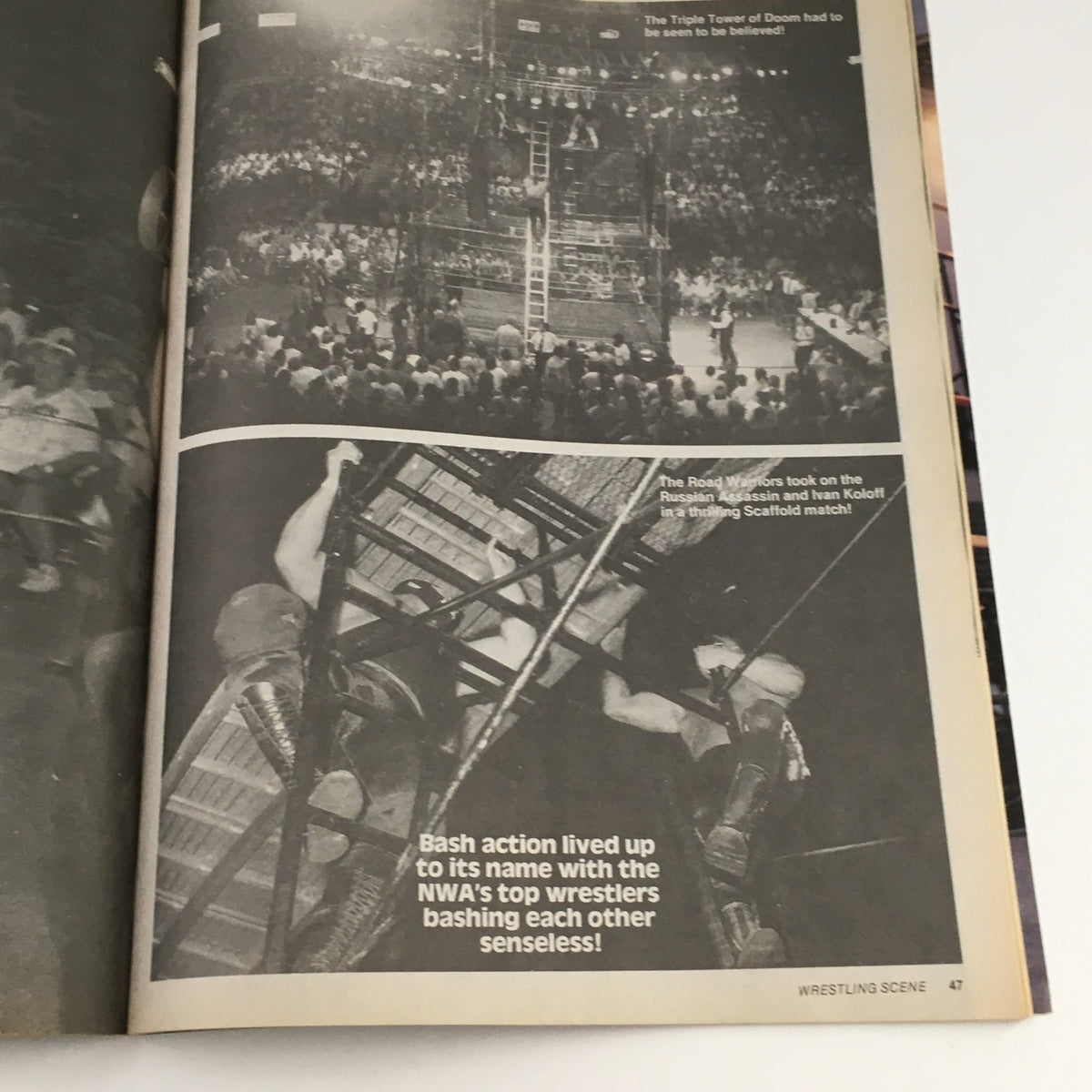 Inside page of Wrestling Scene Magazine - November 1988 featuring images and highlights of iconic wrestling matches, including the NWA's Triple Tower of Doom and Bash action scenes.