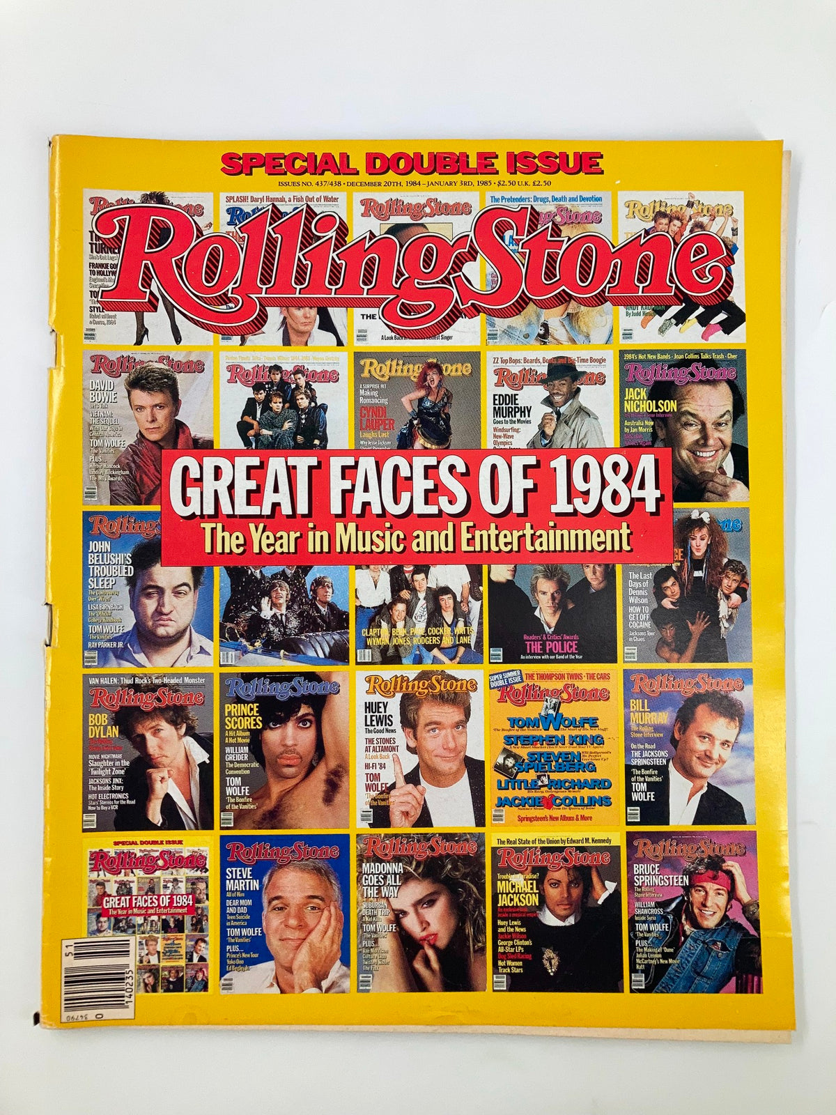 Front cover of the VTG Rolling Stone Magazine, December 20, 1984, titled 'Great Faces of 1984', showcasing iconic figures in music and entertainment with vibrant photography and a yellow background.