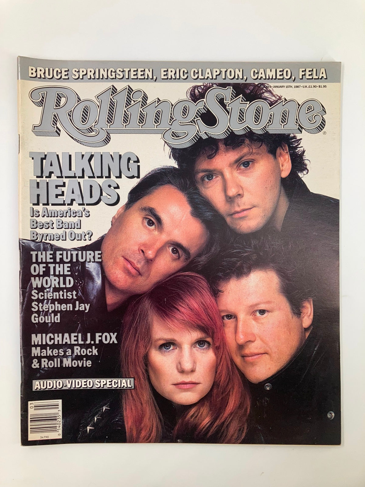 Vintage Rolling Stone Magazine from January 15, 1987, featuring Michael J. Fox and the Talking Heads, showcasing pop culture and music history.