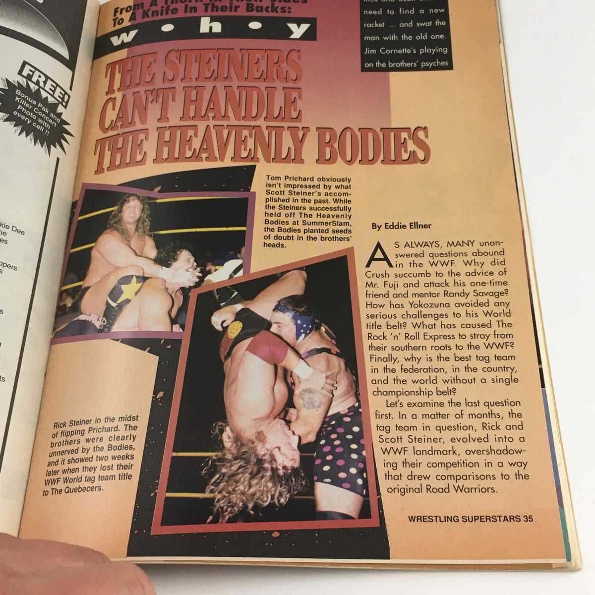 Article page discussing the Steiners versus the Heavenly Bodies, in Wrestling Superstars Magazine Spring 1994, showcasing a wrestling match scene.