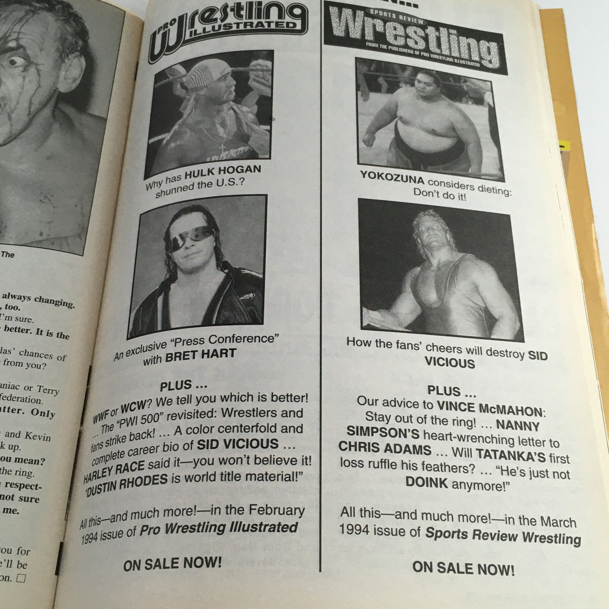 Promotional page from Wrestling Superstars Magazine Spring 1994 featuring articles on wrestling legends like Hulk Hogan and Sid Vicious.