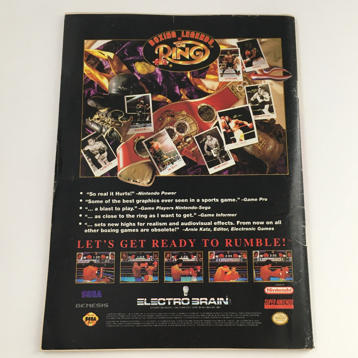 Back cover of Wrestling Superstars Magazine Spring 1994 with advertisement for Boxing Legends video game, highlighting its features and reviews.