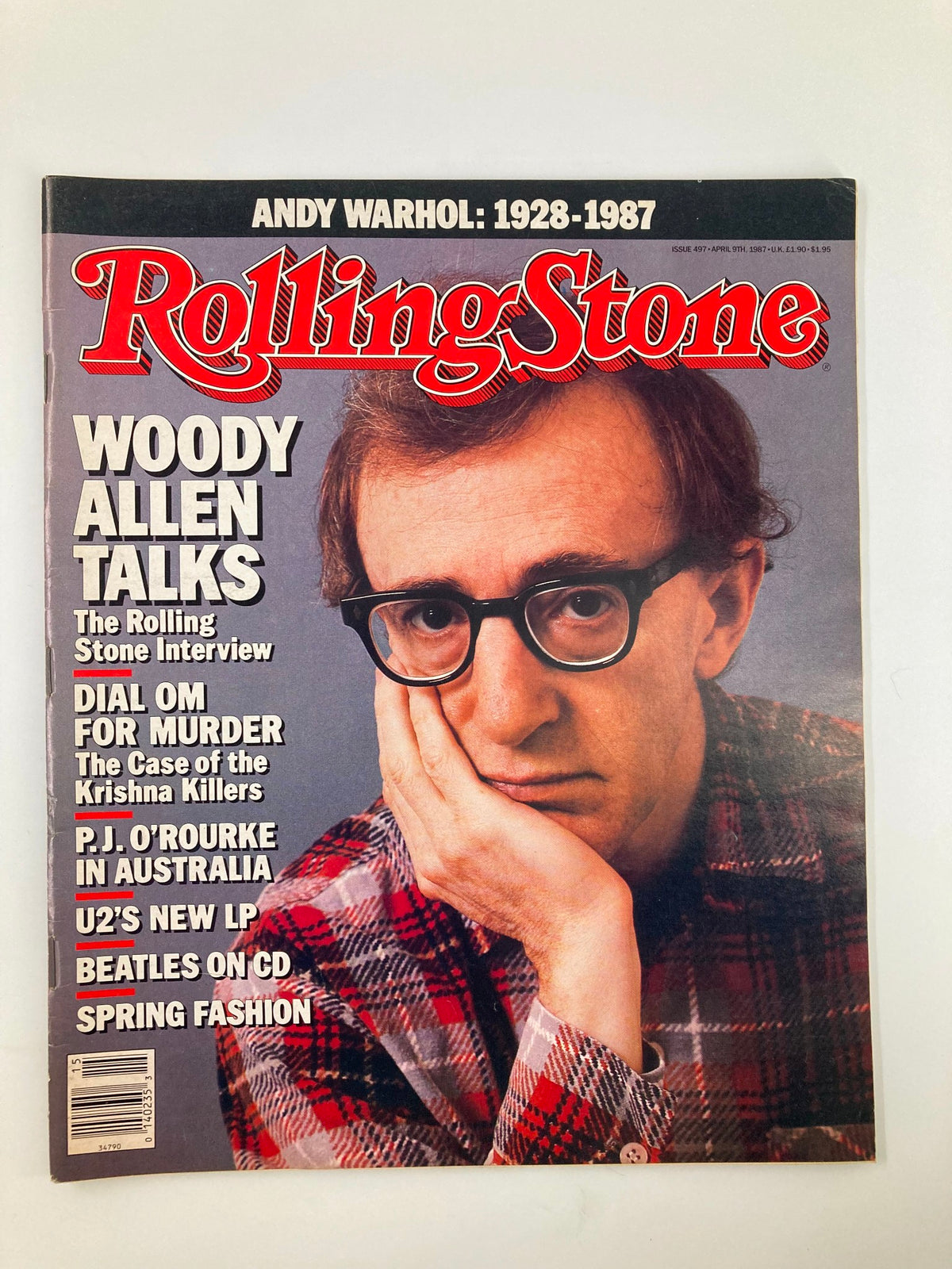 Cover of Rolling Stone Magazine from April 9, 1987, featuring Woody Allen with the title 'Woody Allen Talks' and notable articles listed, showcasing the vintage look and feel of the magazine.