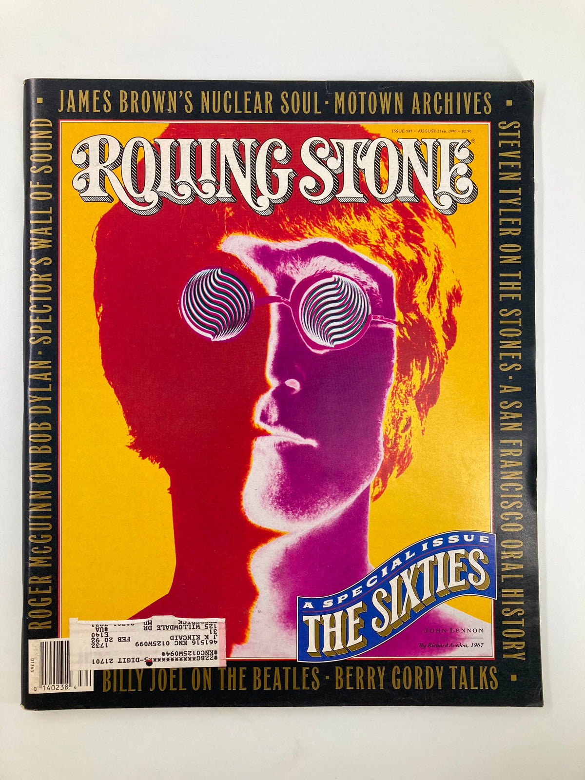 Cover of VTG Rolling Stone Magazine dated August 23, 1990, featuring John Lennon by Richard Avedon, showcasing vibrant colors and bold design.