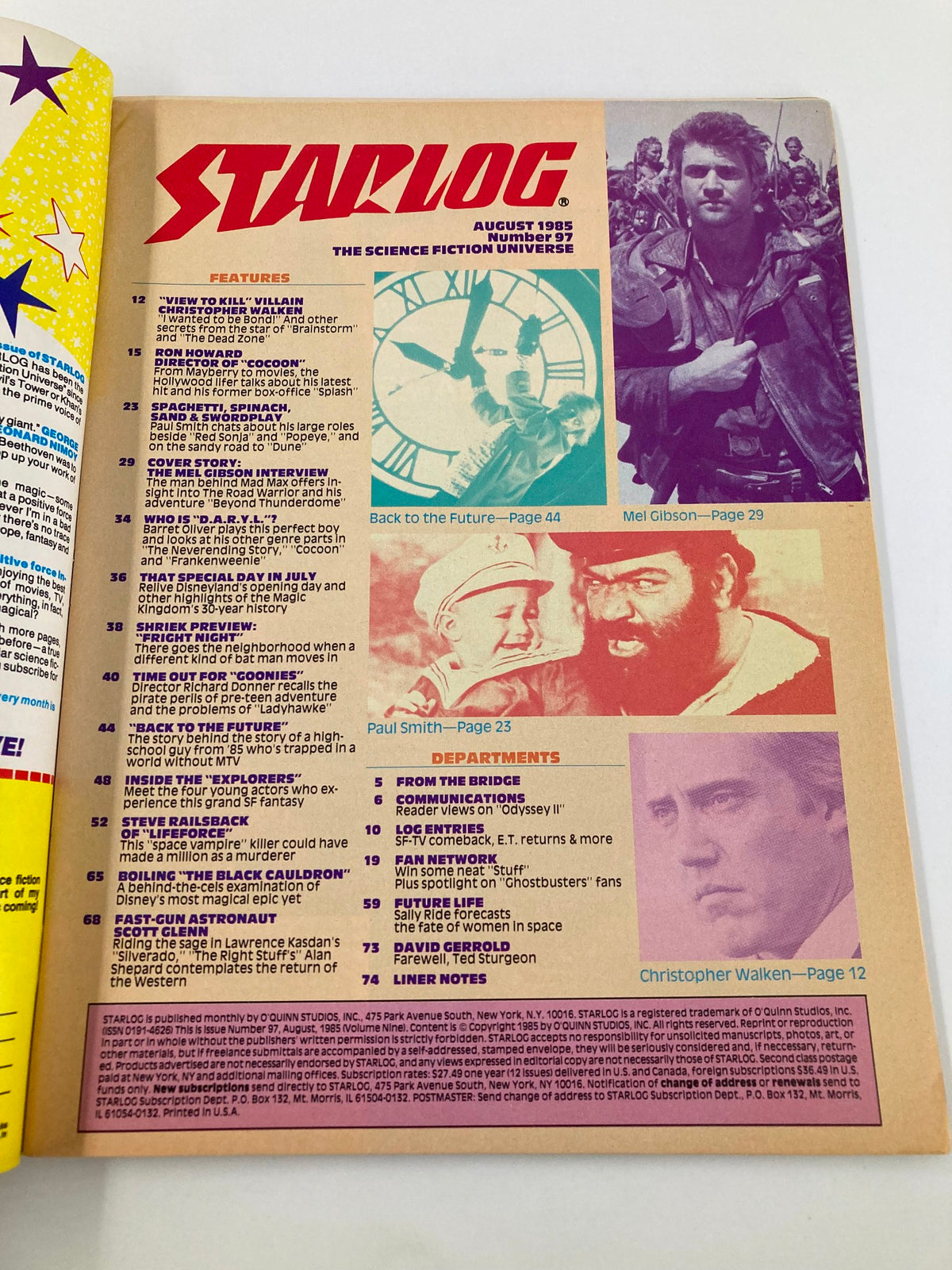 Inside page of Starlog Magazine August 1985 #97 displaying feature articles including interviews with Mel Gibson and Christopher Walken, along with a list of contents.