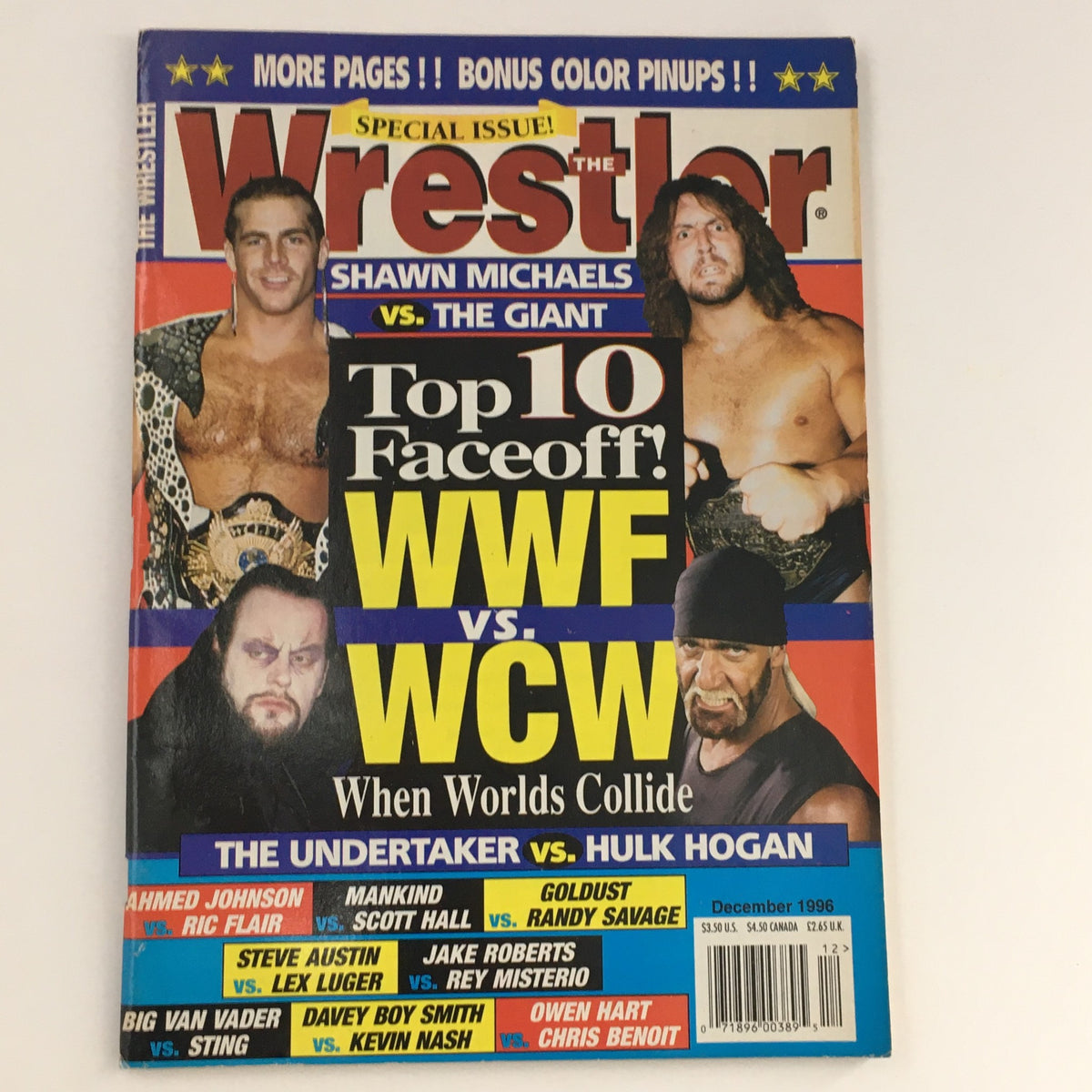 The Wrestler Magazine December 1996 cover featuring The Undertaker vs Hulk Hogan, with additional highlights about Shawn Michaels and The Giant, plus a 'Top 10 Faceoff' between WWF and WCW.