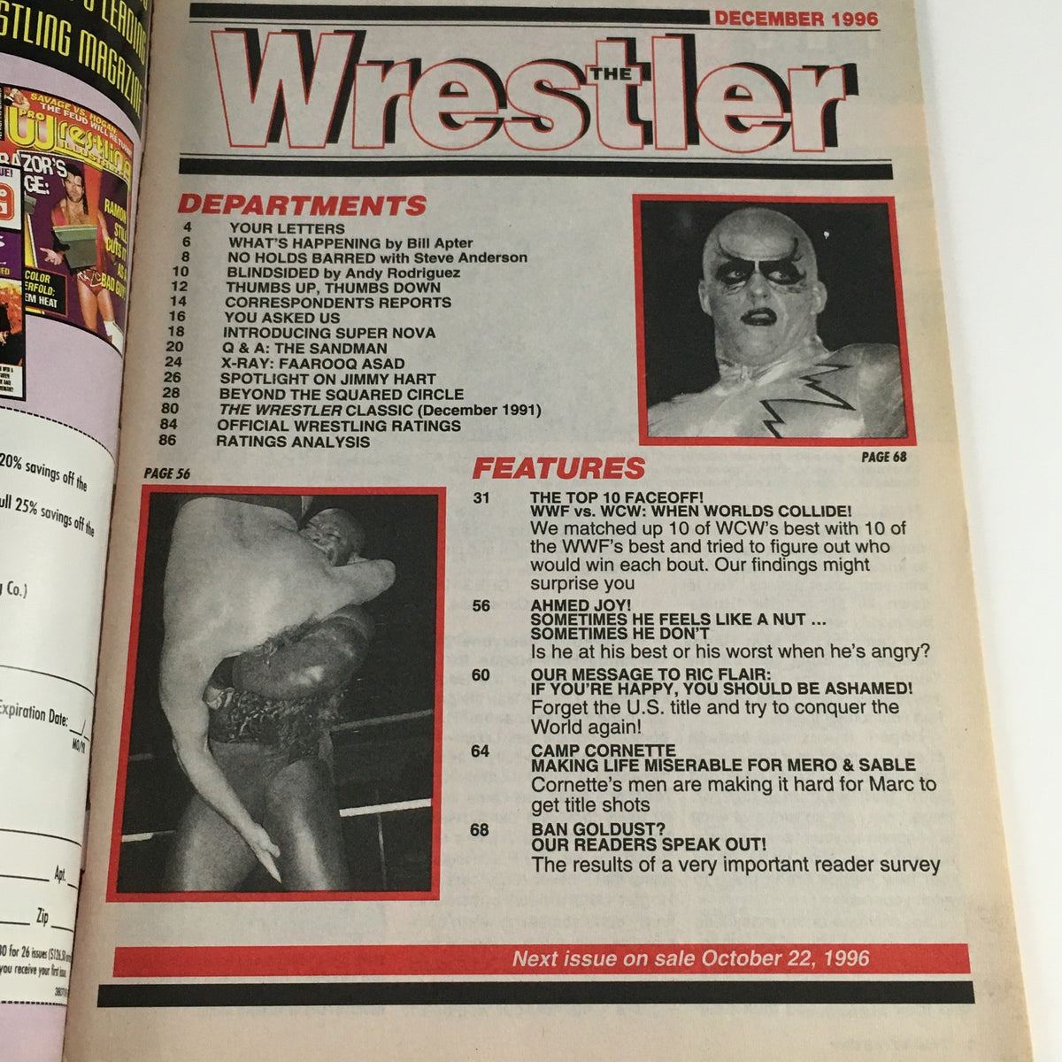 Interior page from The Wrestler Magazine December 1996 displaying the magazine's departments and feature articles related to wrestling, including a discussion of 'The Top 10 Faceoff'.