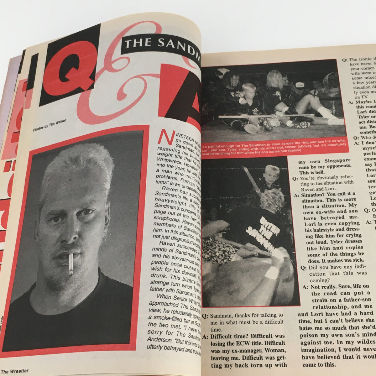 Q&A section in The Wrestler Magazine December 1996 featuring The Sandman, discussing his wrestling career and experiences in the ring.