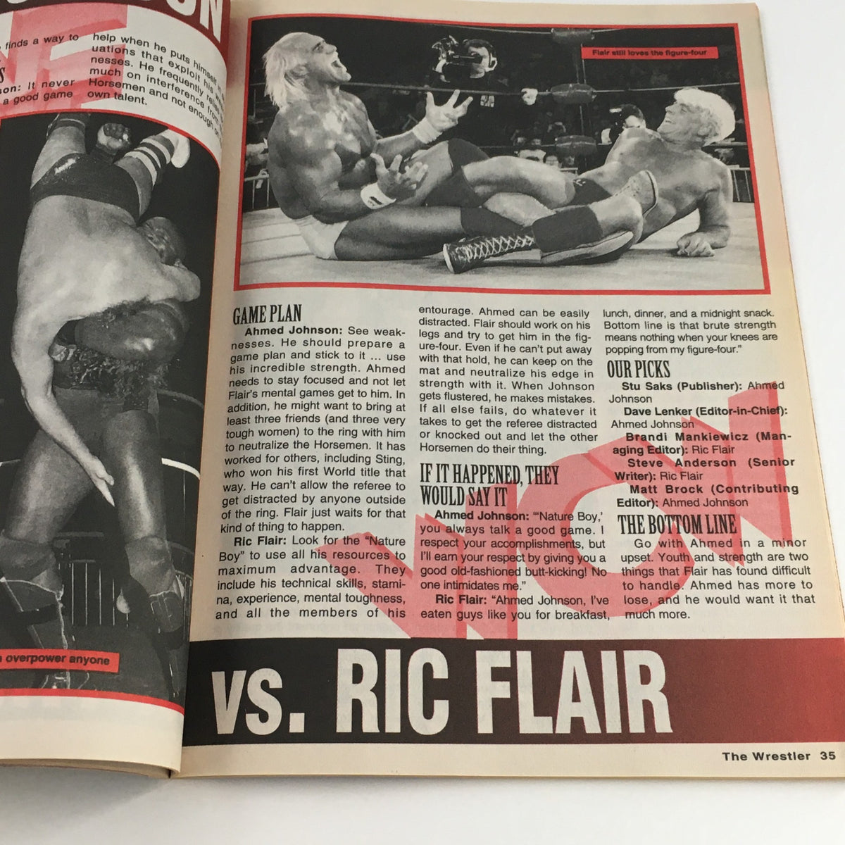 Page from The Wrestler Magazine December 1996 showcasing Ahmed Johnson vs Ric Flair match analysis and strategies, highlighting famous wrestlers of the era.