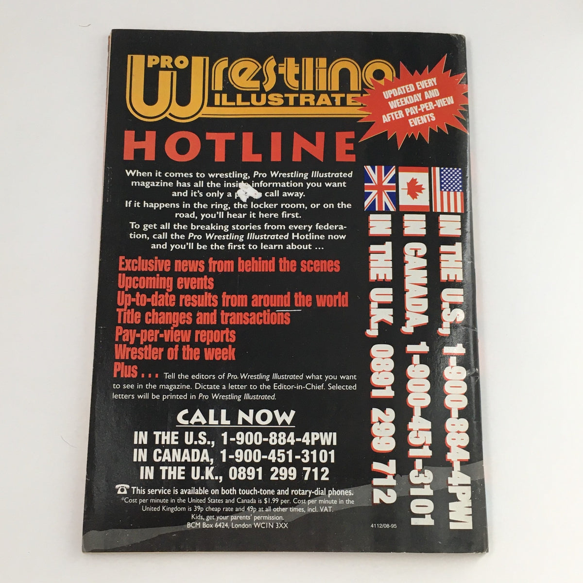 Back cover of The Wrestler Magazine December 1996 featuring Pro Wrestling Illustrated hotline advertisement for exclusive wrestling news and updates.