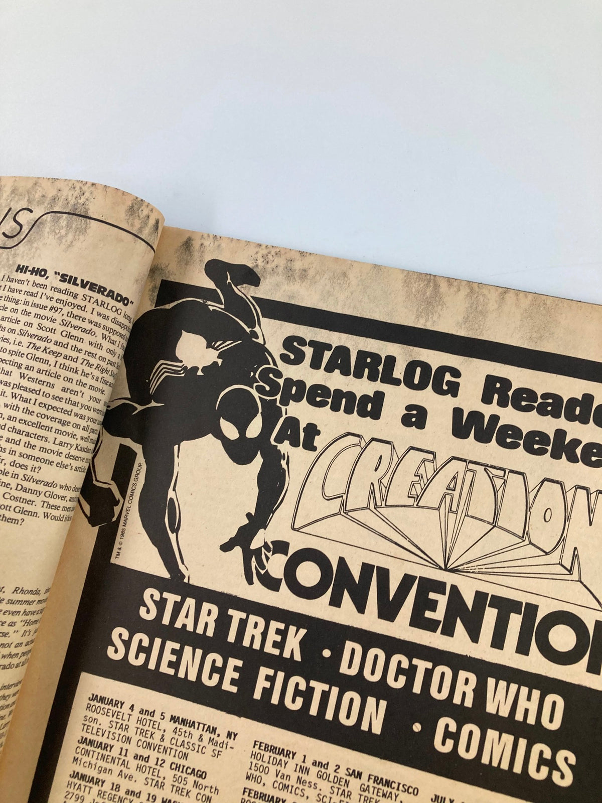 Inside page of VTG Starlog Magazine January 1986 #102, displaying an advertisement for Creation Convention featuring popular sci-fi themes and events.