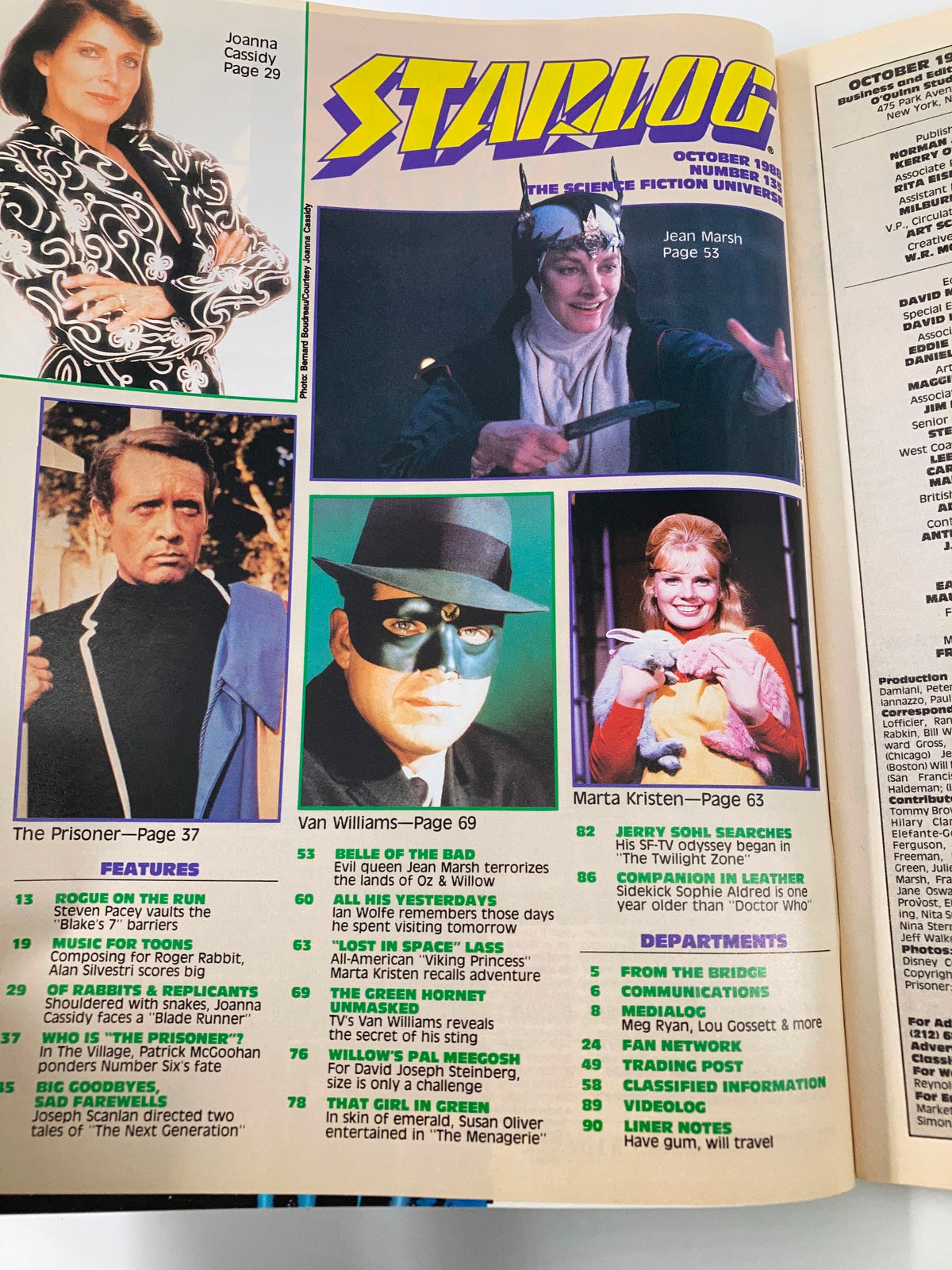 Inside spread of VTG Starlog Magazine October 1988 #135 showcasing featured articles and images from sci-fi shows, including The Prisoner and Van Williams.
