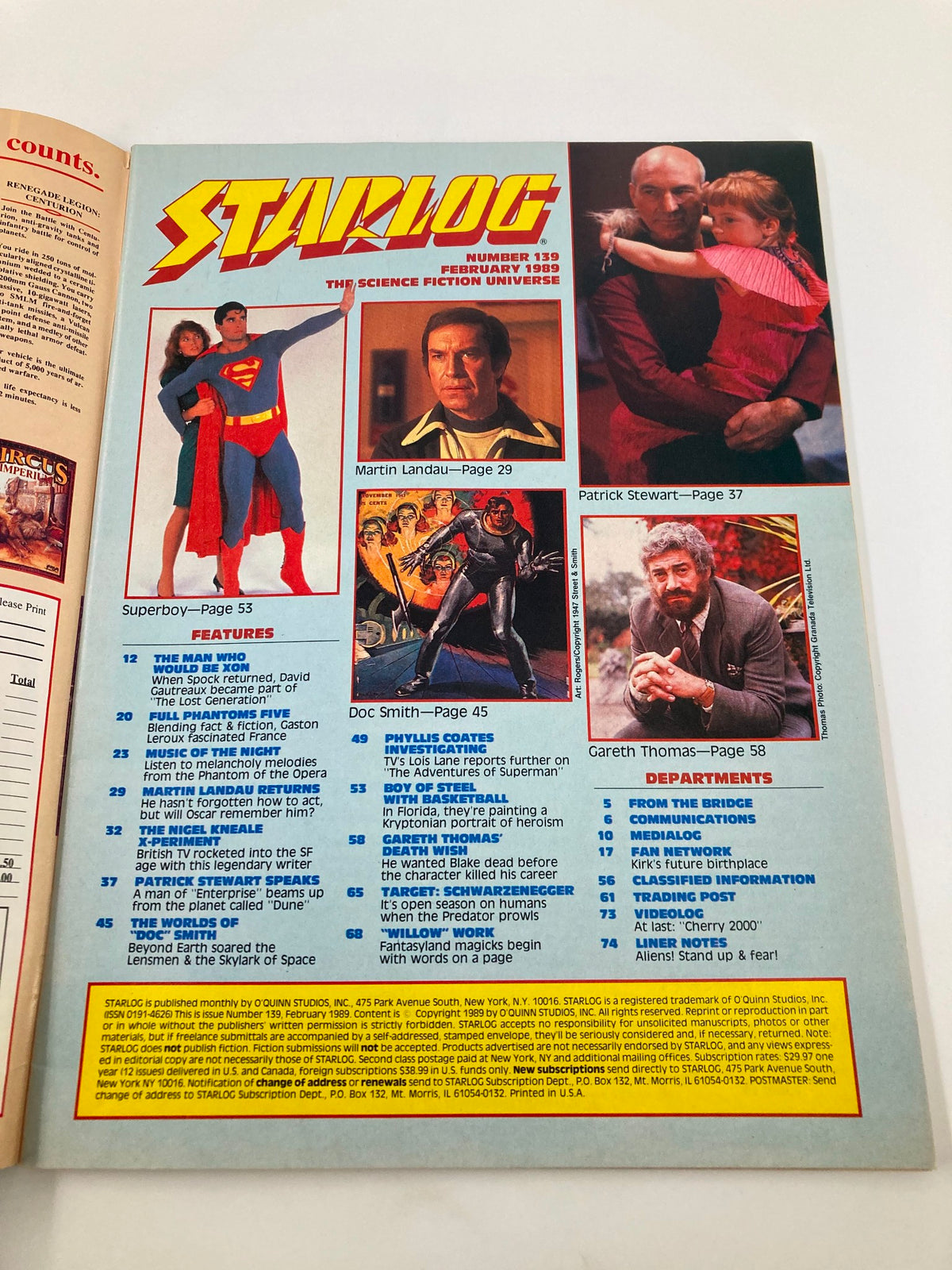 Back cover of VTG Starlog Magazine February 1989 #139 showcasing articles and features, including Patrick Stewart and Martin Landau.