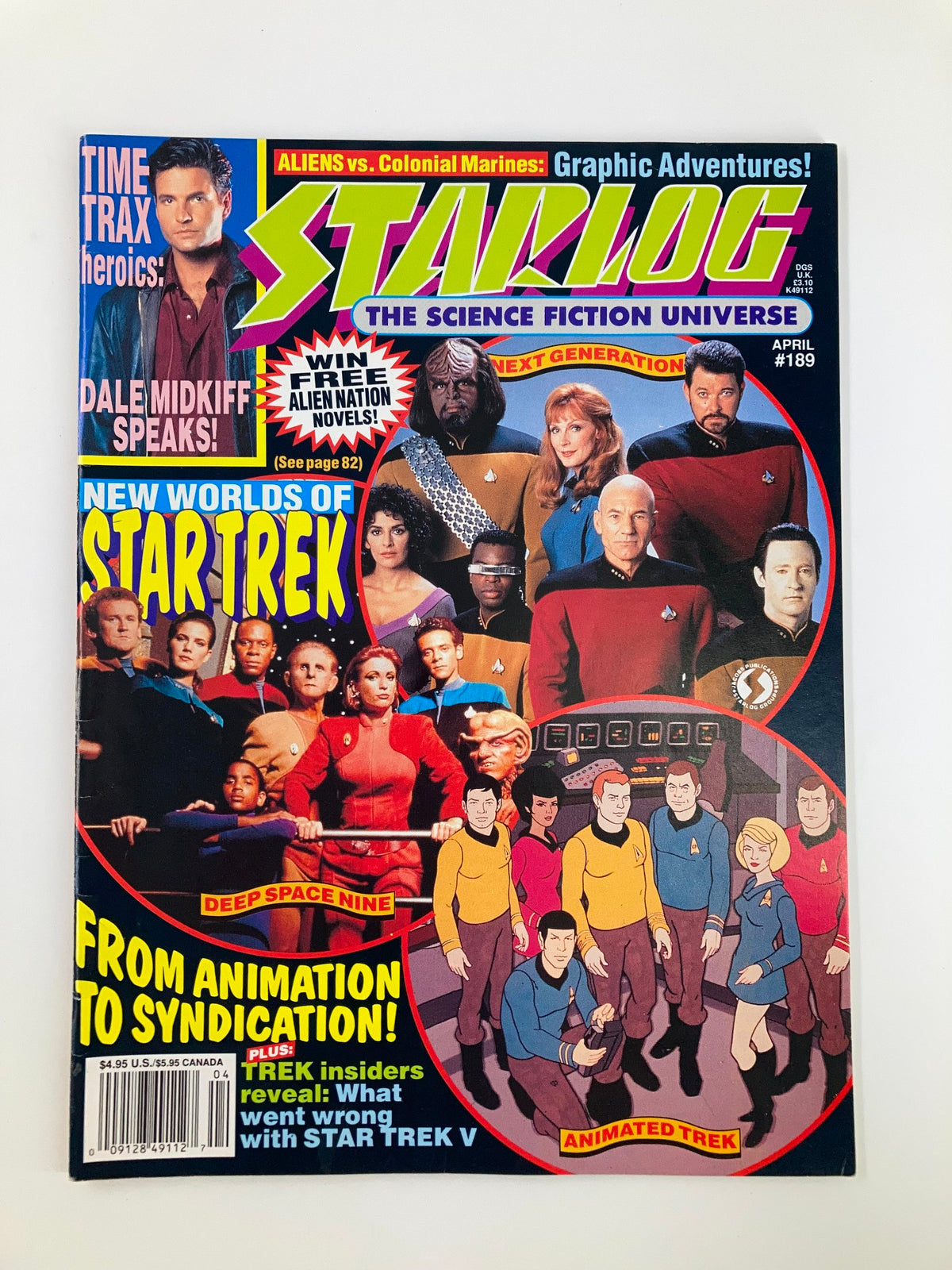 Starlog Magazine April 1993 #189 featuring Star Trek: The Next Generation. The colorful cover showcases prominent characters, including Captain Picard, alongside illustrations from classic Star Trek episodes. A must-have vintage magazine for sci-fi collectors.