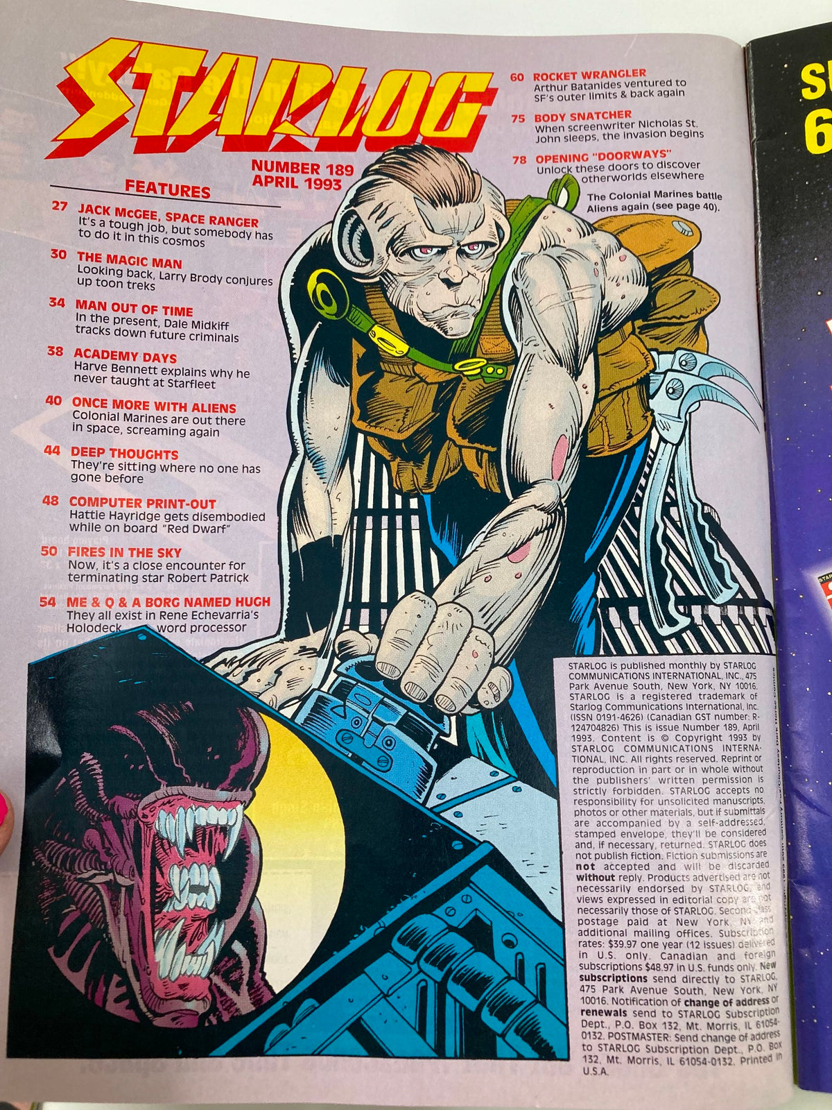 Cover of Starlog Magazine April 1993 #189 featuring an artistic illustration of an alien character, showcasing intriguing features and highlights from the magazine such as interviews and stories related to Star Trek: The Next Generation.