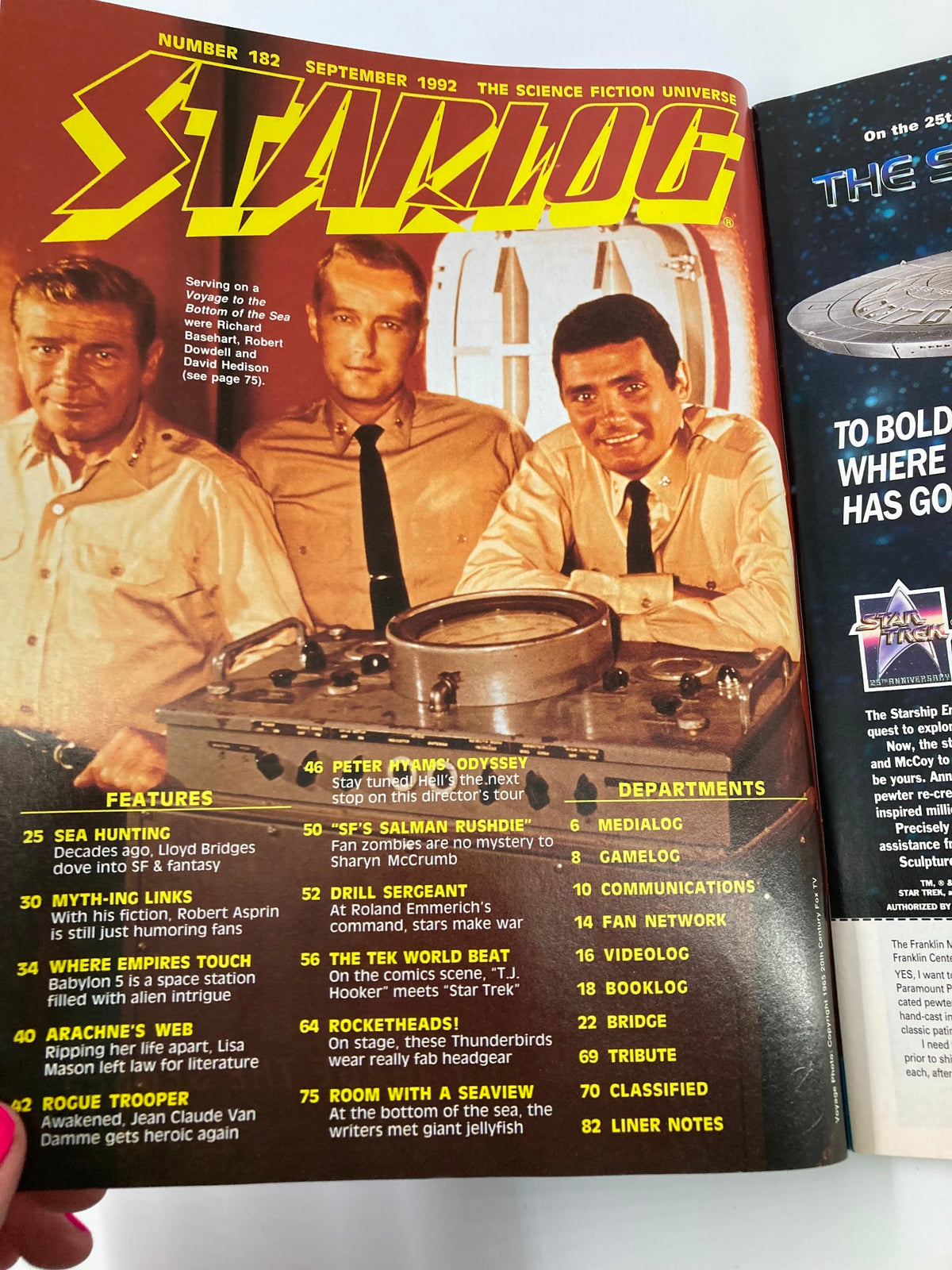 Cover of Starlog Magazine September 1992 #182 featuring highlights on TJ Hooker and Babylon Five, showcasing the iconic bold logo and various featured articles related to science fiction.