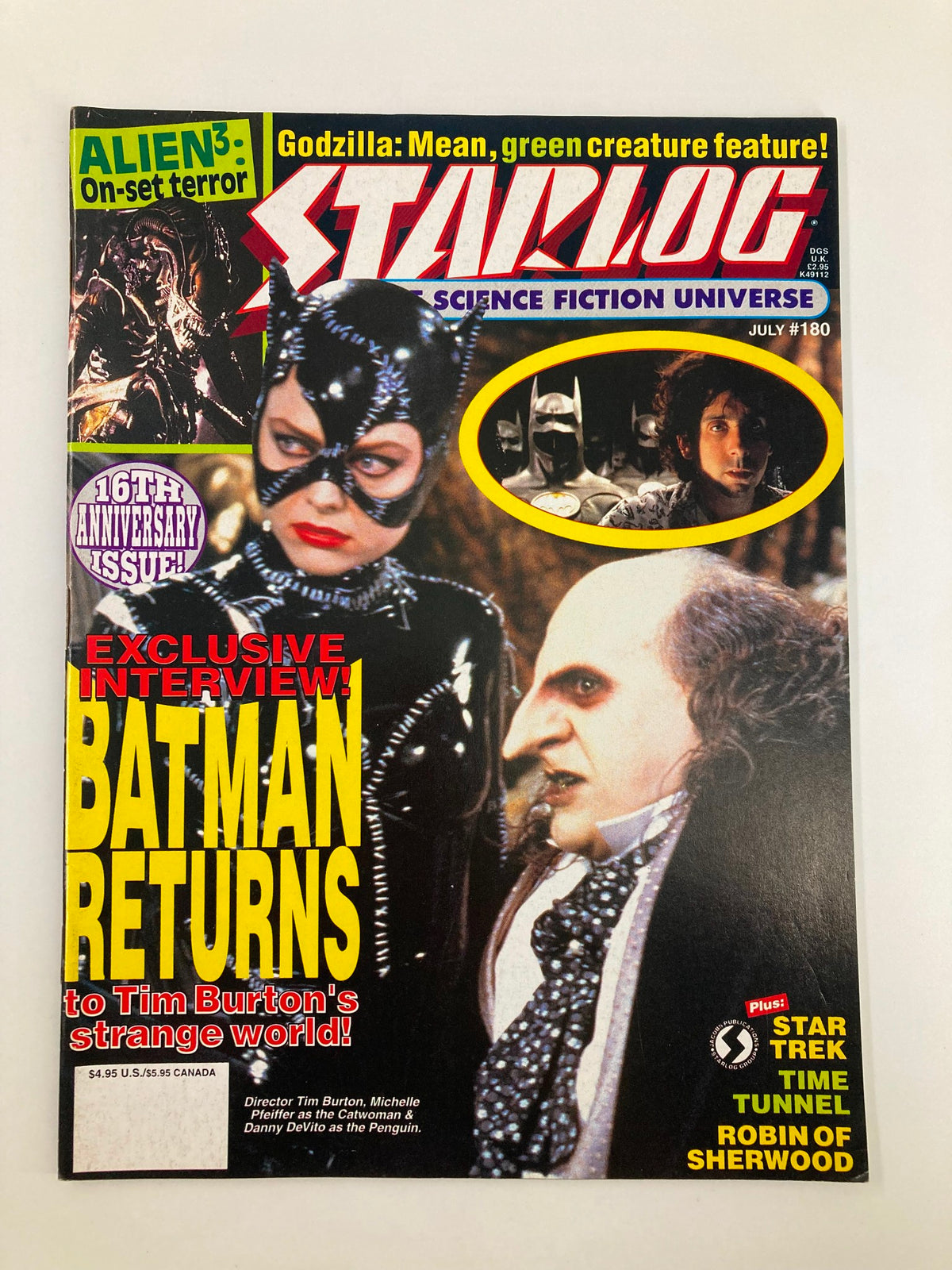 Cover of Starlog Magazine July 1992 #180 featuring Michelle Pfeiffer as Catwoman and Danny DeVito as the Penguin, with highlights about the film Batman Returns and other sci-fi features.