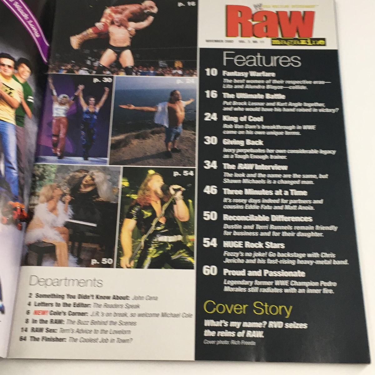 Inside page of WWE Raw Magazine November 2002 showcasing features and articles, including references to wrestlers and unique wrestling moments.