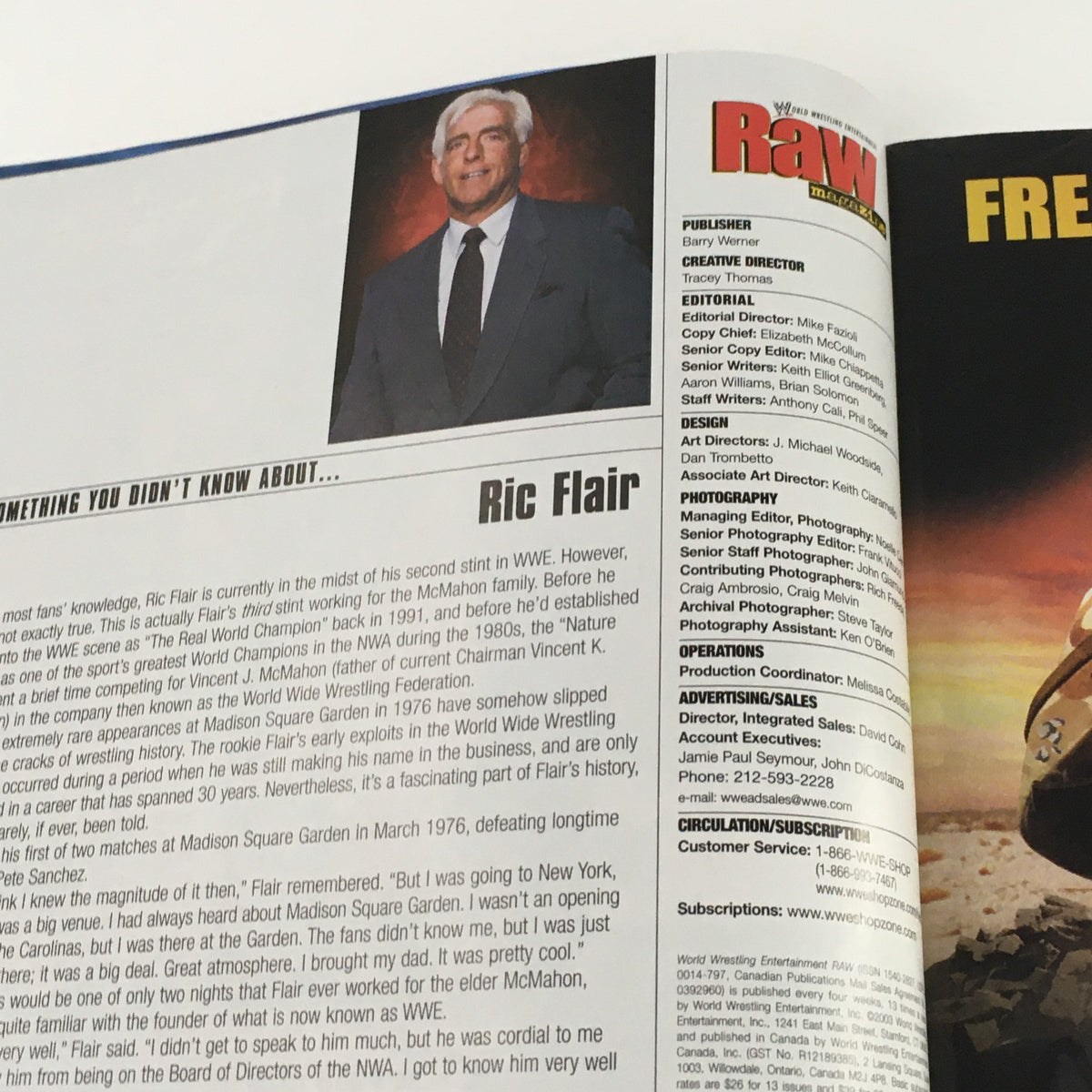 WWE Raw Magazine October 2003 featuring a section on Ric Flair, showcasing the legend in a formal attire, highlighting his impact in wrestling history.
