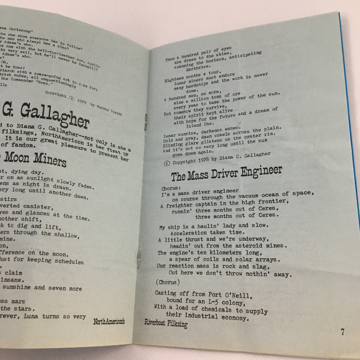 Interior page of the North American Presents September 1979 Riverboat Filksing Souvenir Programme showcasing lyrics and a song titled 'The Mass Driver Engineer' with creative text layout.