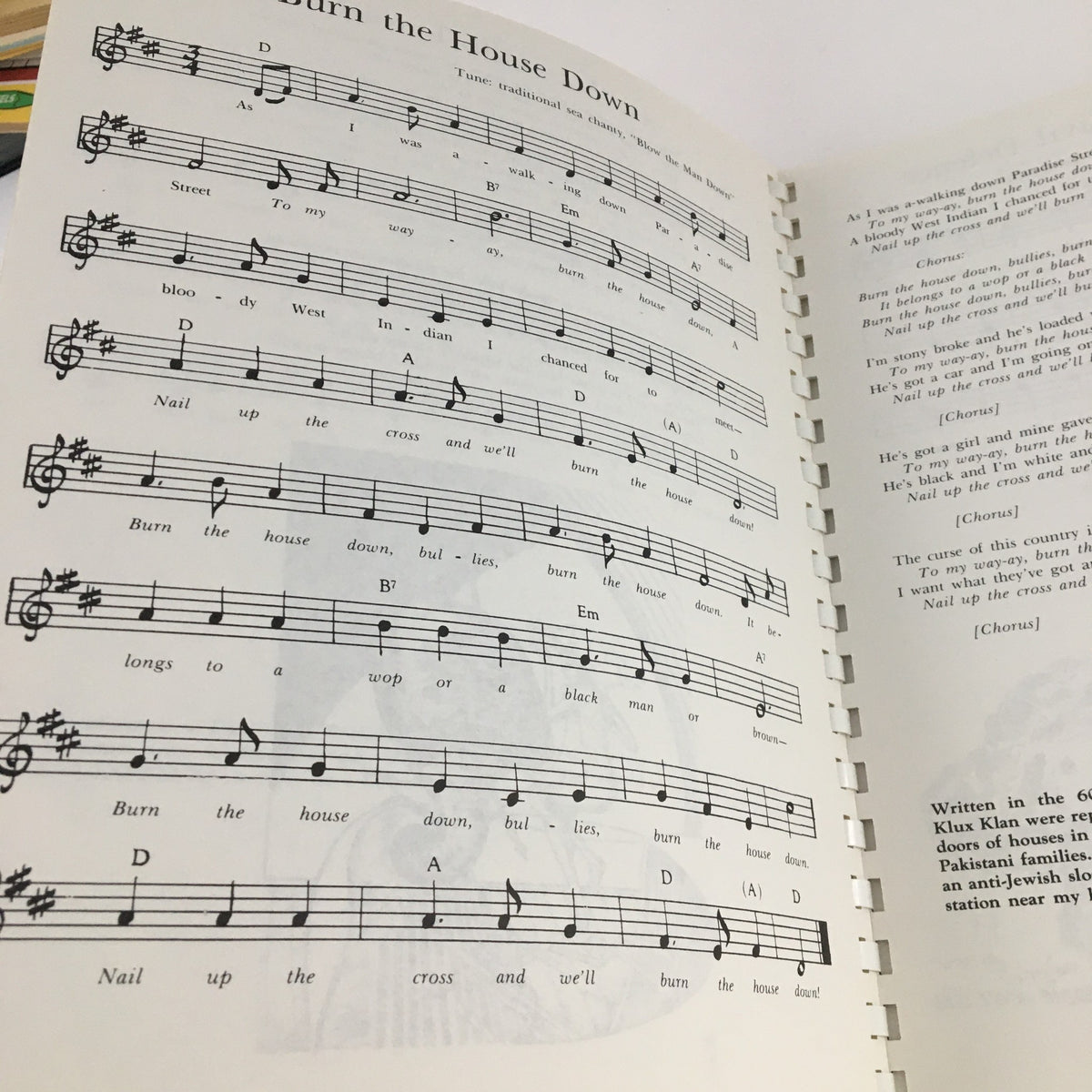 Interior page of the North American Presents September 1979 Riverboat Filksing Souvenir Programme displaying sheet music for the song "Burn the House Down".