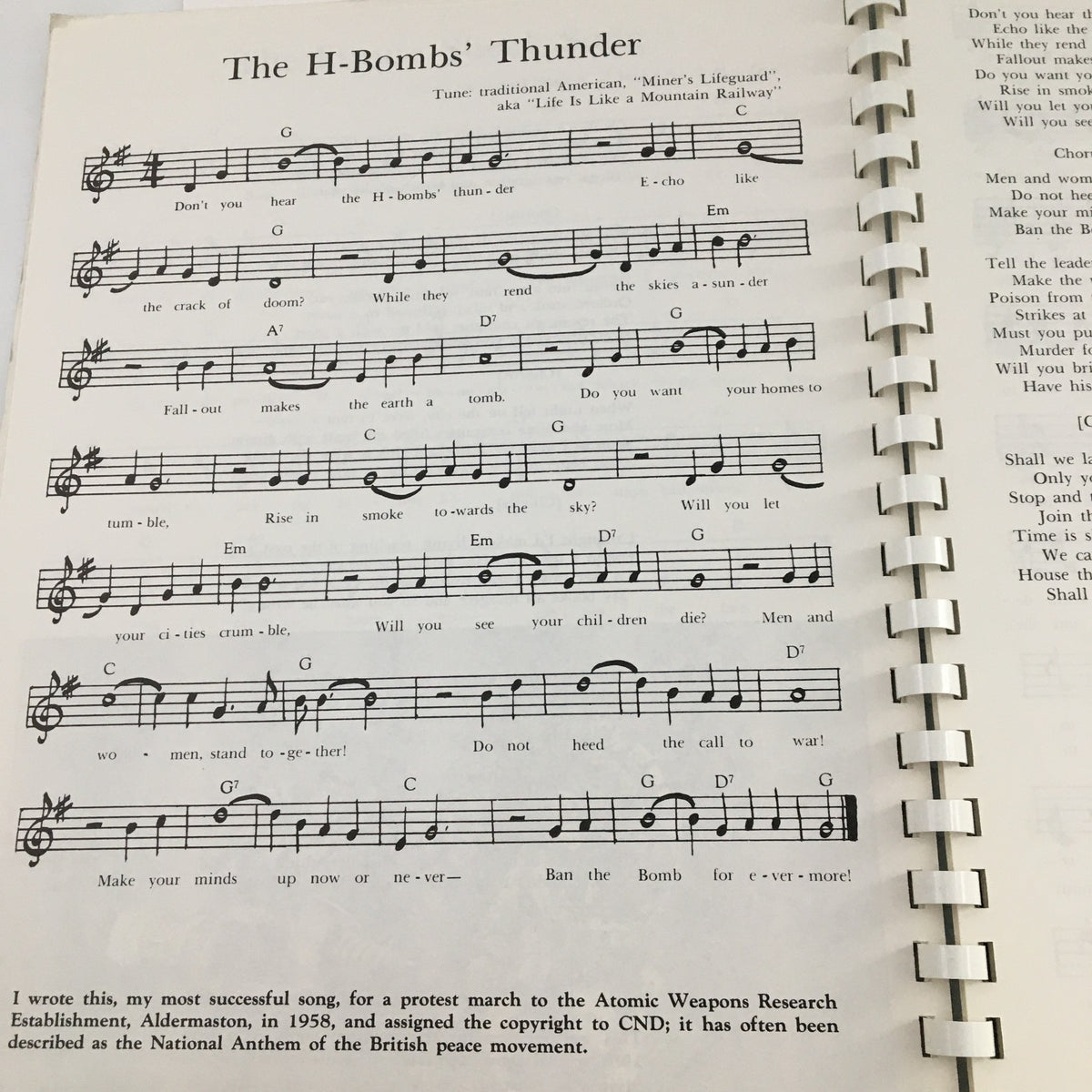 Sheet music for 'The H-Bombs' Thunder from the North American Presents September 1979 Riverboat Filksing Souvenir Programme, featuring lyrics and musical notes.