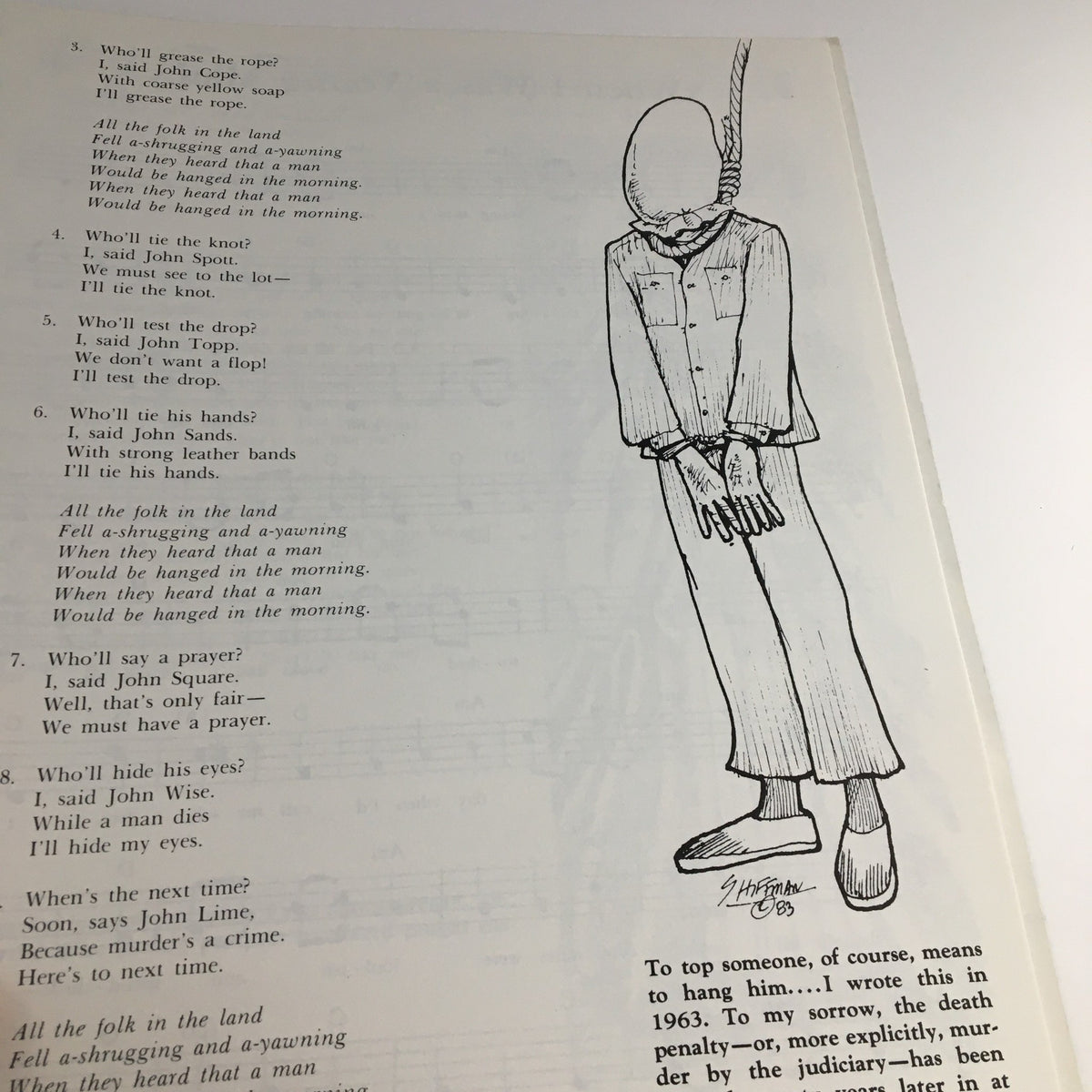 An illustration of a hanging figure from the North American Presents September 1979 Riverboat Filksing Souvenir Programme, depicting themes of protest and social commentary.