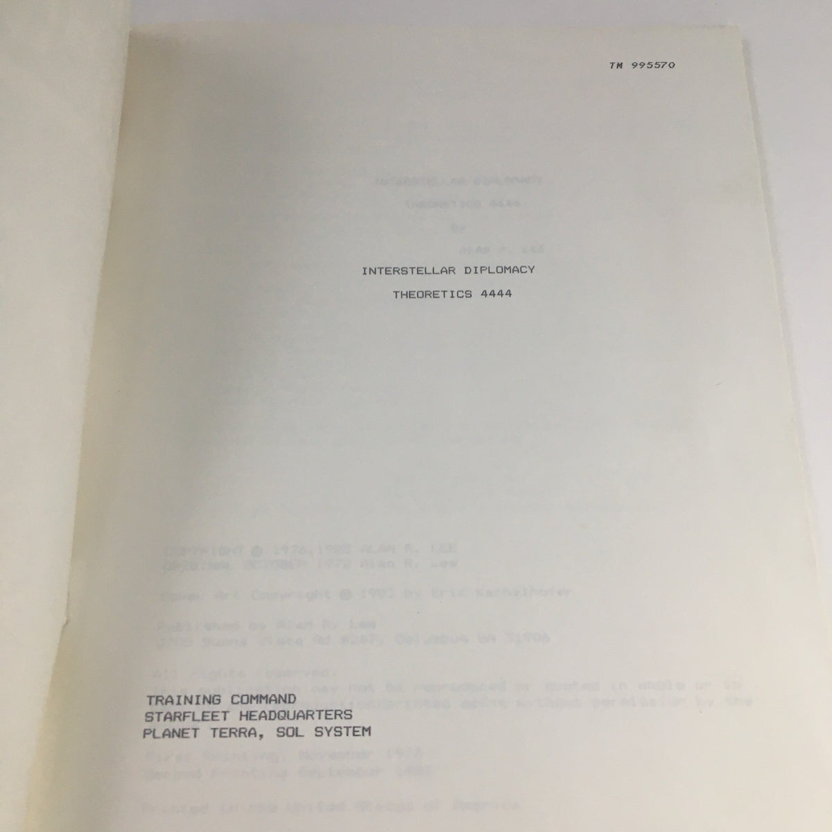 Inside page of '1976 Interstellar Diplomacy Theoretics 4444 by Alan R. Lee' displaying title and publication details.