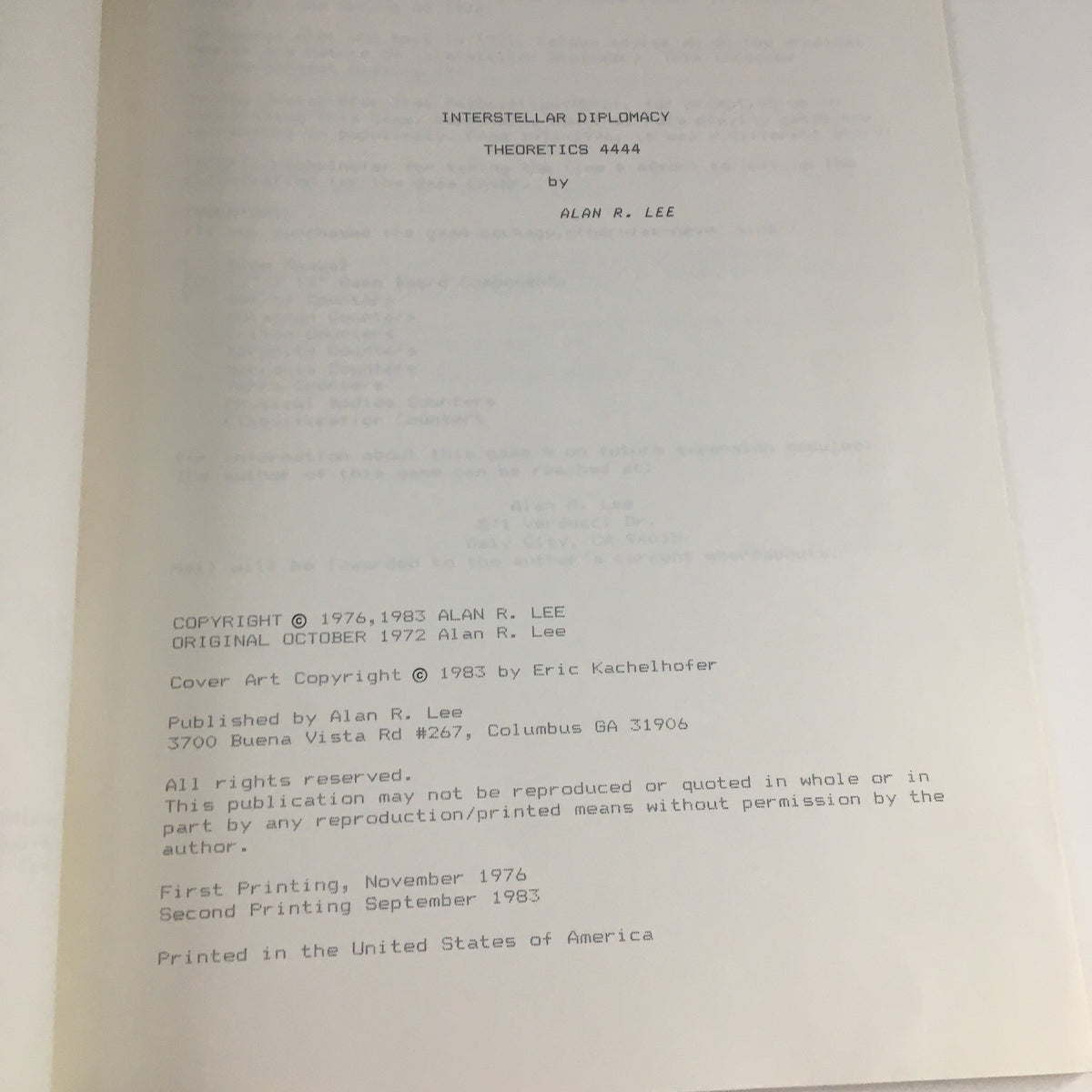 First printing page of '1976 Interstellar Diplomacy Theoretics 4444 by Alan R. Lee', including copyright and publication information.