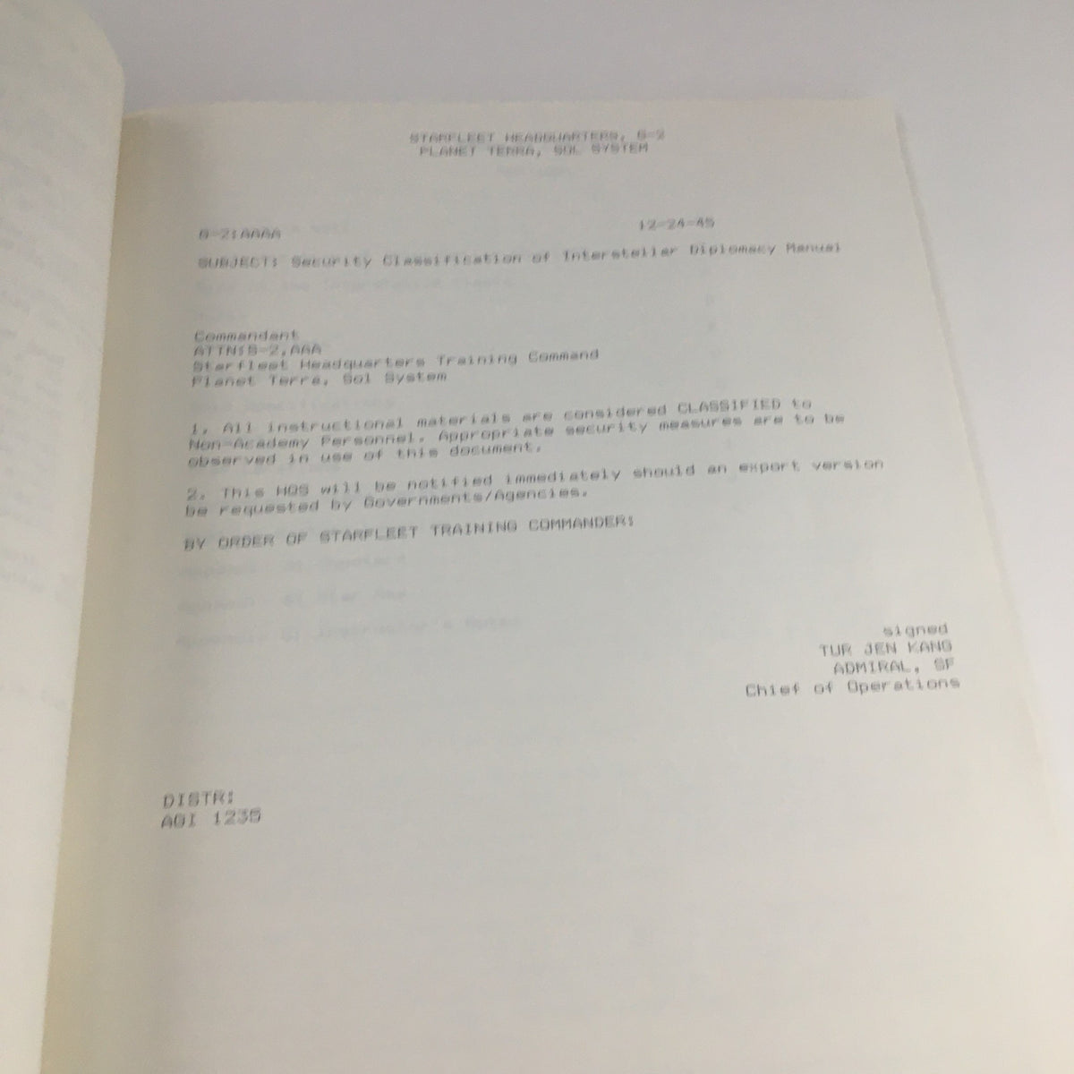 Interior page of '1976 Interstellar Diplomacy Theoretics 4444 by Alan R. Lee' showcasing classified information on interstellar diplomacy materials with security instructions.