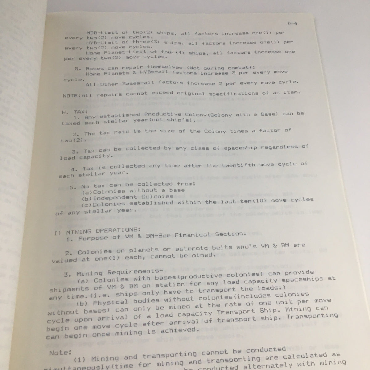 Page from '1976 Interstellar Diplomacy Theoretics 4444 by Alan R. Lee' detailing mining operations and financial sections for planetary colonies.