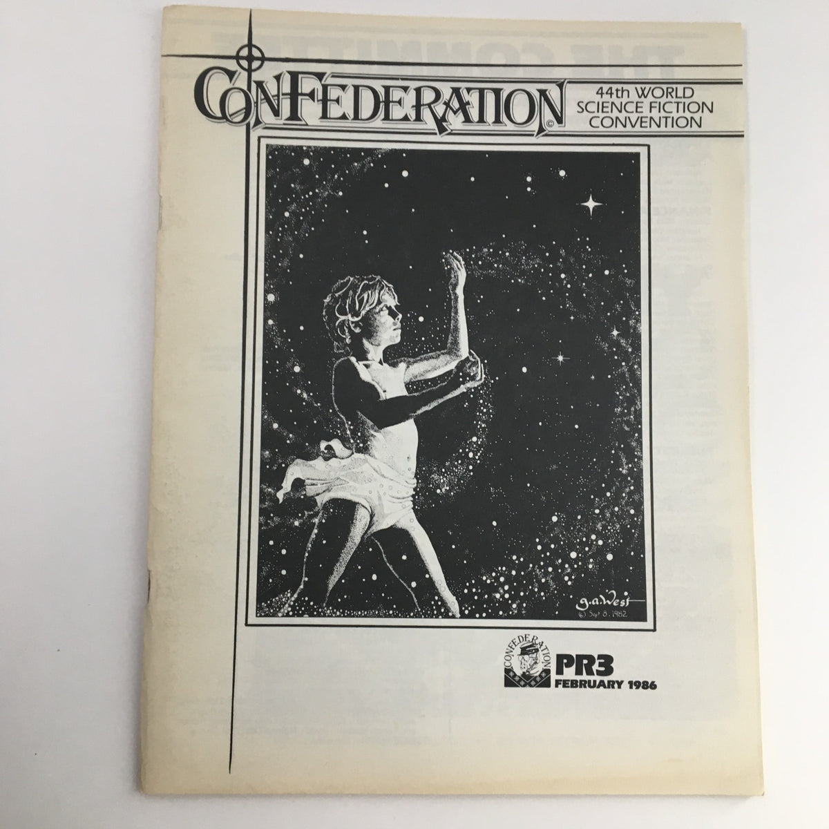 Confederation February 1986 44th World Science Fiction Convention magazine cover featuring a child illuminated by stars, encapsulating the theme of imagination and fantasy.
