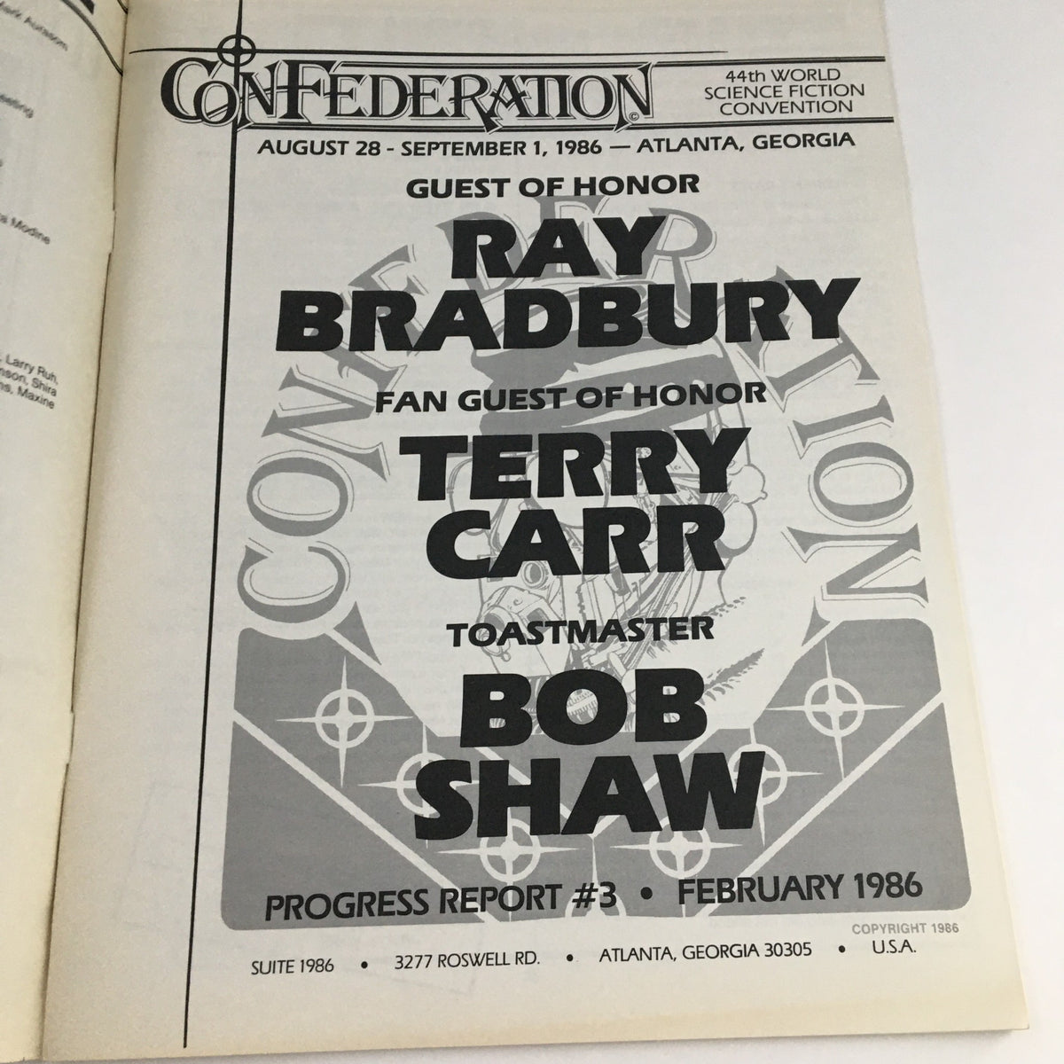 Inside page of the Confederation February 1986 44th World Science Fiction Convention magazine listing guests of honor including Ray Bradbury, Terry Carr, and Bob Shaw, highlighting prominent figures in science fiction.