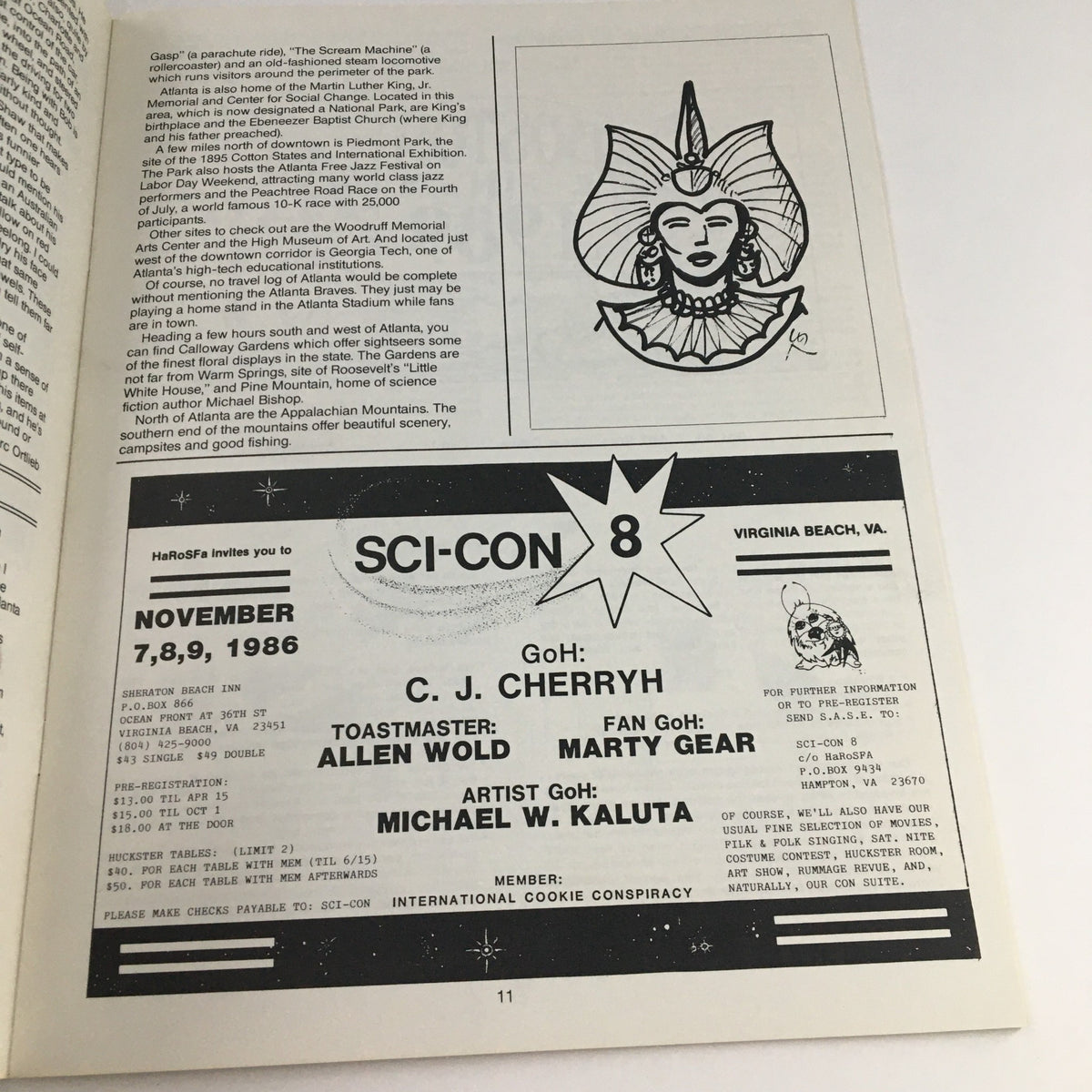 Page from the Confederation February 1986 44th World Science Fiction Convention magazine with event details for SCI-CON 8, featuring guest C.J. Cherryh and artistic contributions.