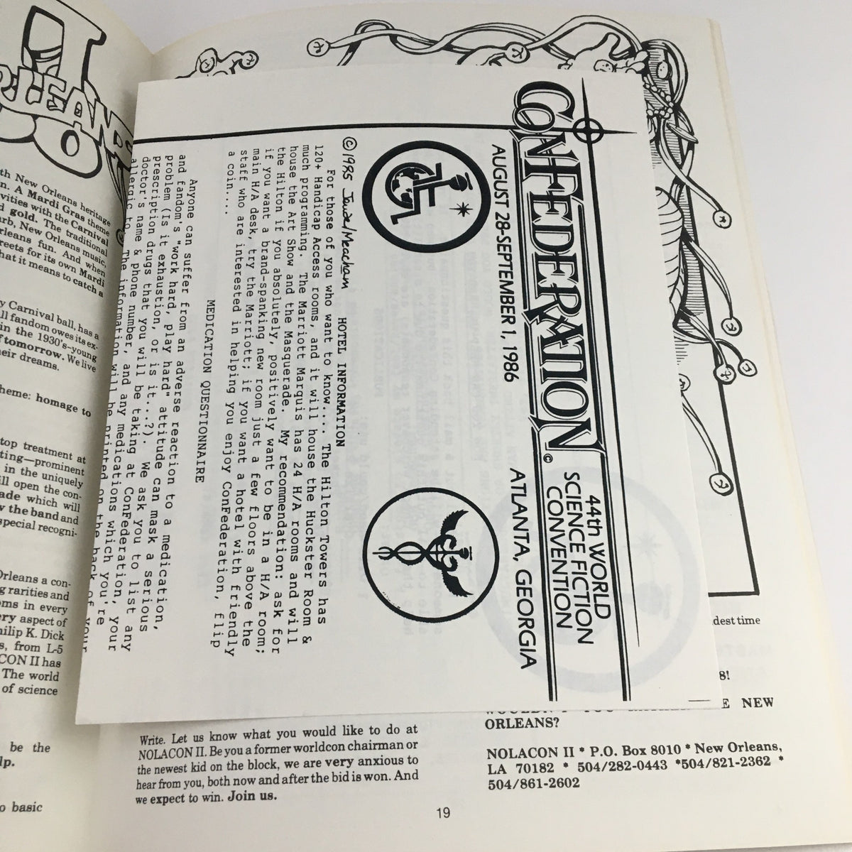 Another page from the Confederation February 1986 44th World Science Fiction Convention magazine showing event information and specifications, designed for attendees and fans.