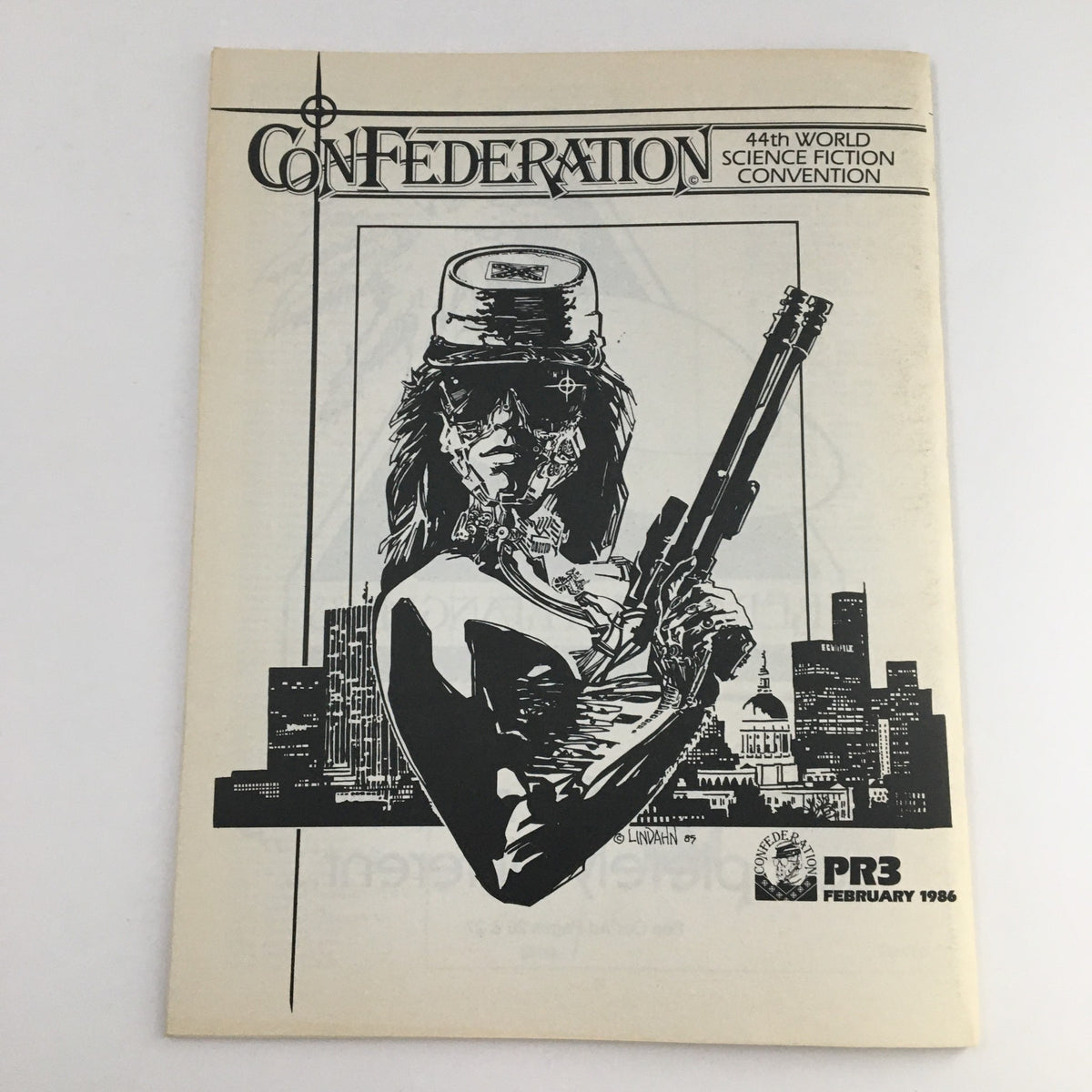 Cover of the Confederation February 1986 44th World Science Fiction Convention magazine featuring an illustration of a futuristic character with a gun, set against a city skyline.